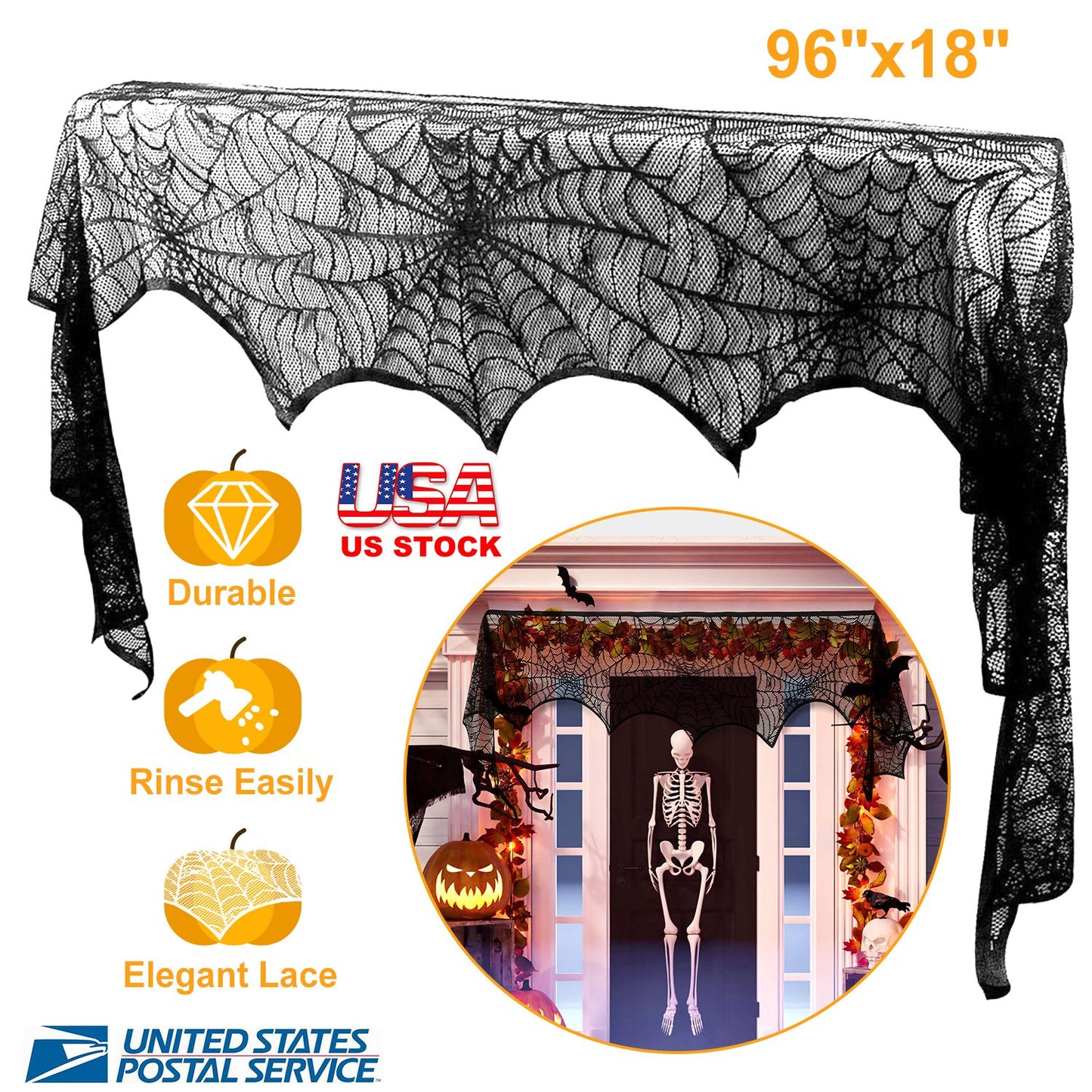 LJGelectro - Halloween Decoration Black Lace Spiderweb Fireplace Mantle Scarf Cover Festive Party Supplies Fireplace Scarf 96 x 18 inch for Halloween Christmas Par