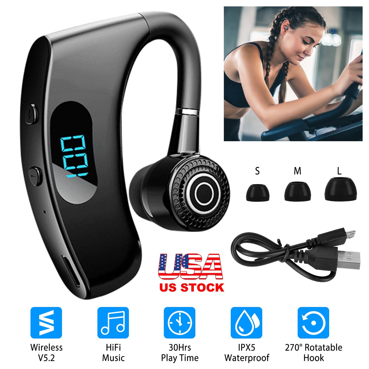 LJGelectro - Unilateral Wireless V5.2 Earpiece Rechargeable Wireless in-Ear Headset with Hook for Car Driving Phone Call Office