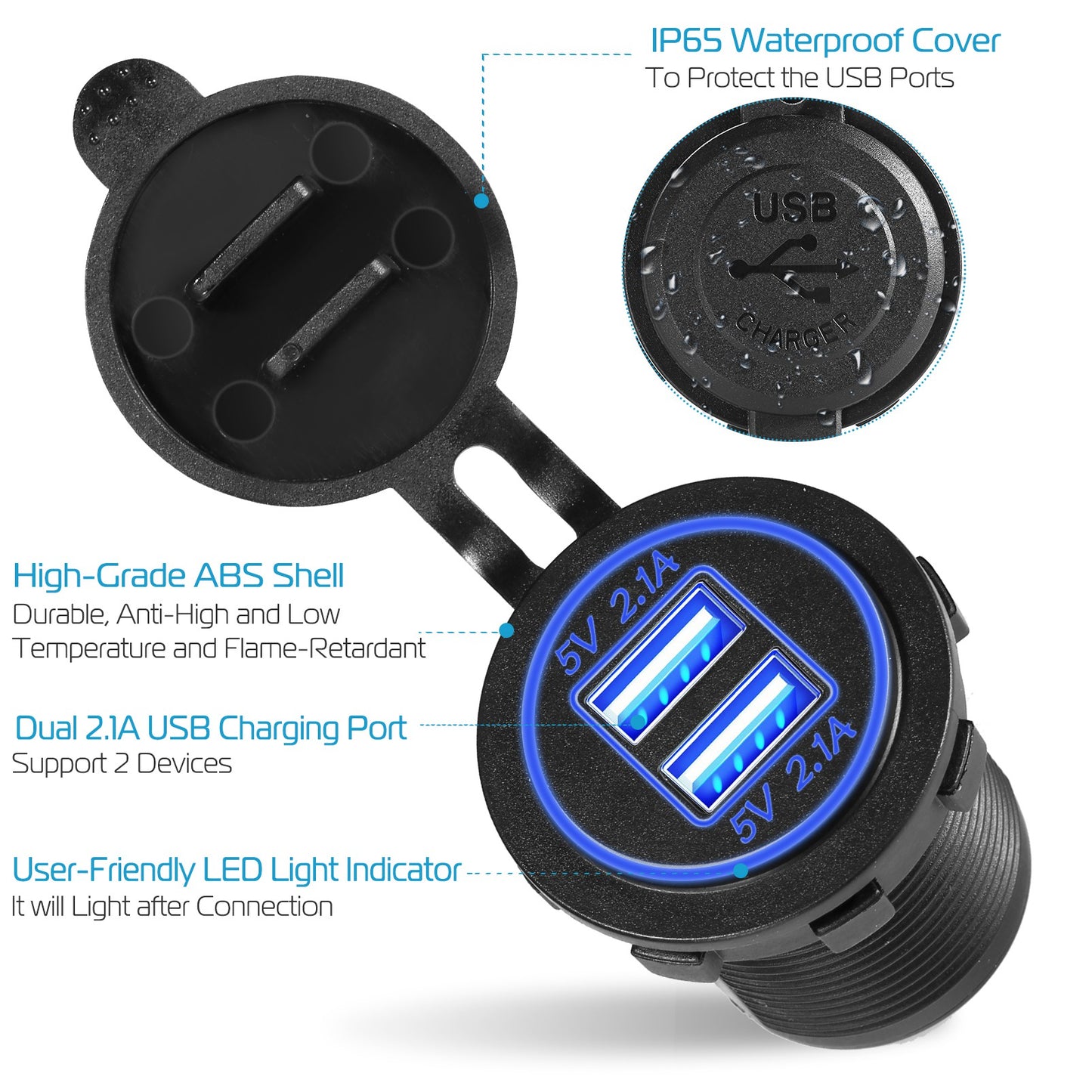 LJGelectro - 1Pc 2 USB Charger 12-24V Car Cigarette Lighter Socket Splitter Dual USB 2.1A Outlet Car Charger IP65 waterproof for Car Boat Marine Mobile