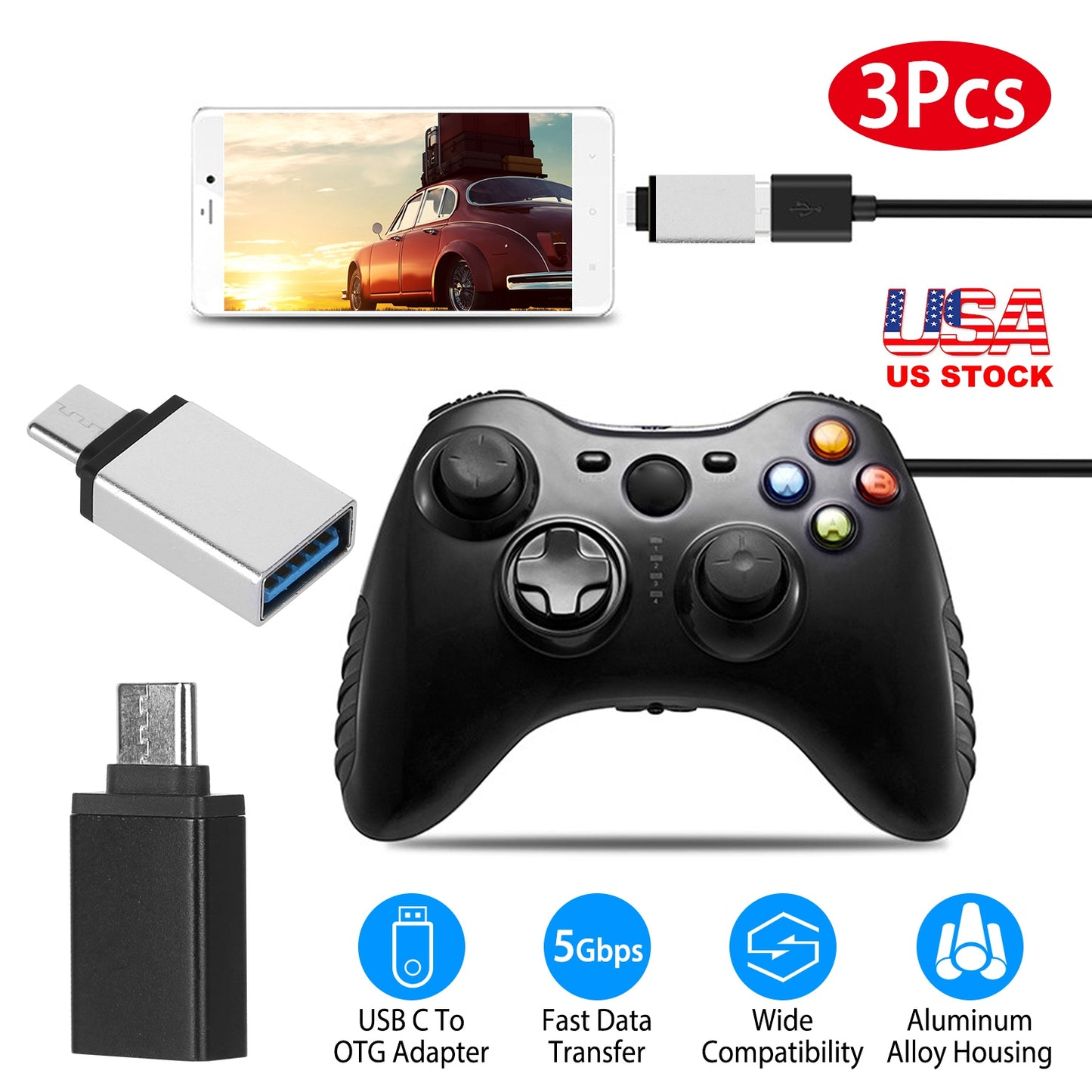 LJGelectro - 3 Packs USB C Type-C Male to USB A 3.0 OTG Male Port Converter Adapter Data Connector Android