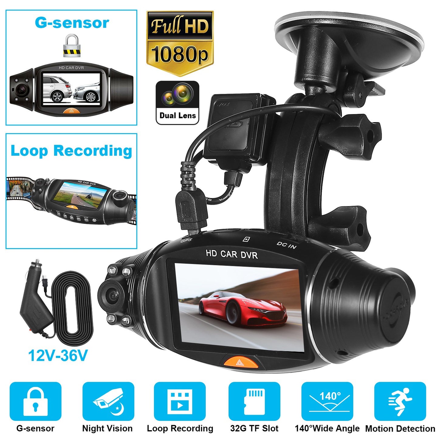 LJGelectro - FHD 1080P Dual Lens Car DVR Dash Cam GPS Camera Video Recorder G-Sensor Night Vision