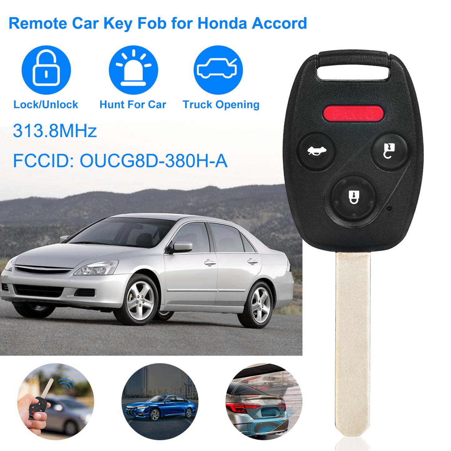 LJGelectro - Fit For Honda Accord 2003-2007 Remote Keyless Entry Shell Button Car Key Fob Uncut Key Cover Case OUCG8D-380H-A FCCID 313.8MHz Frequency