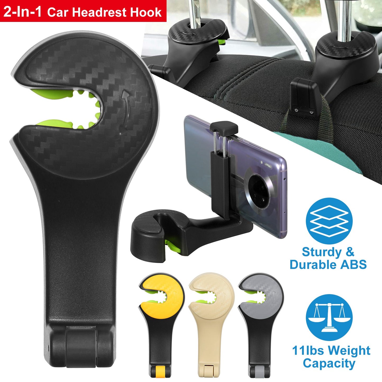 LJGelectro - Car Hook Car Seat Back Hook Car Headrest Hook Hanger with Phone Mount Holder Lock Phone Bracket