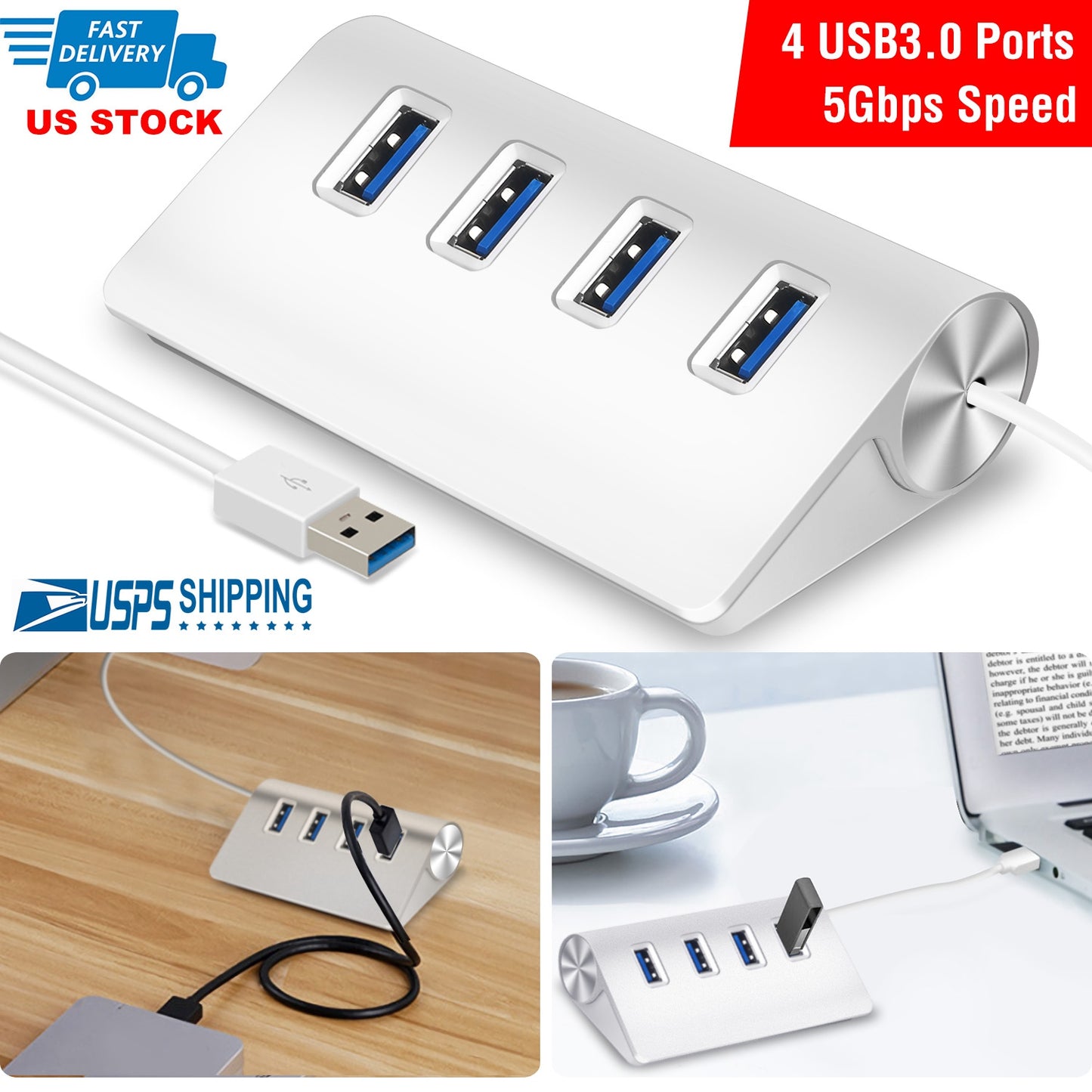 LJGelectro - 4 Ports USB3.0 Hub 5Gbps USB3.0 Aluminum Expansion Hub Splitter File Video Date Reader Transmission For U Disk Flash Drive Mouse Digital Camera