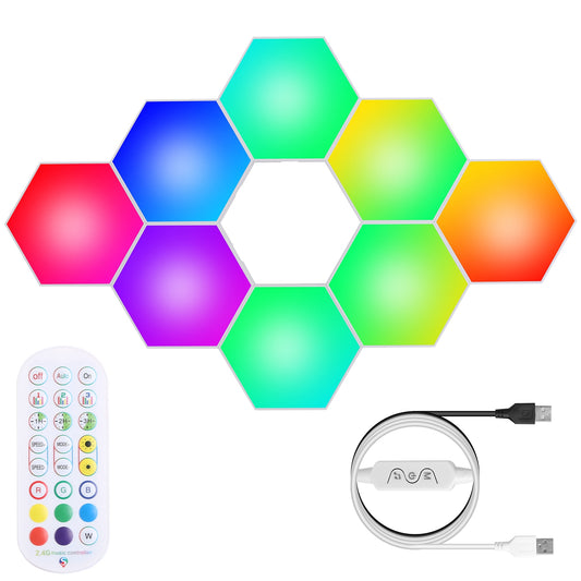 LJGelectro - 8Pcs Hexagon Light Panels RGBW Colorful Splicing Wall Lamps App Remote Line Control Timing Decorative Gaming Light Music Sync Lamps