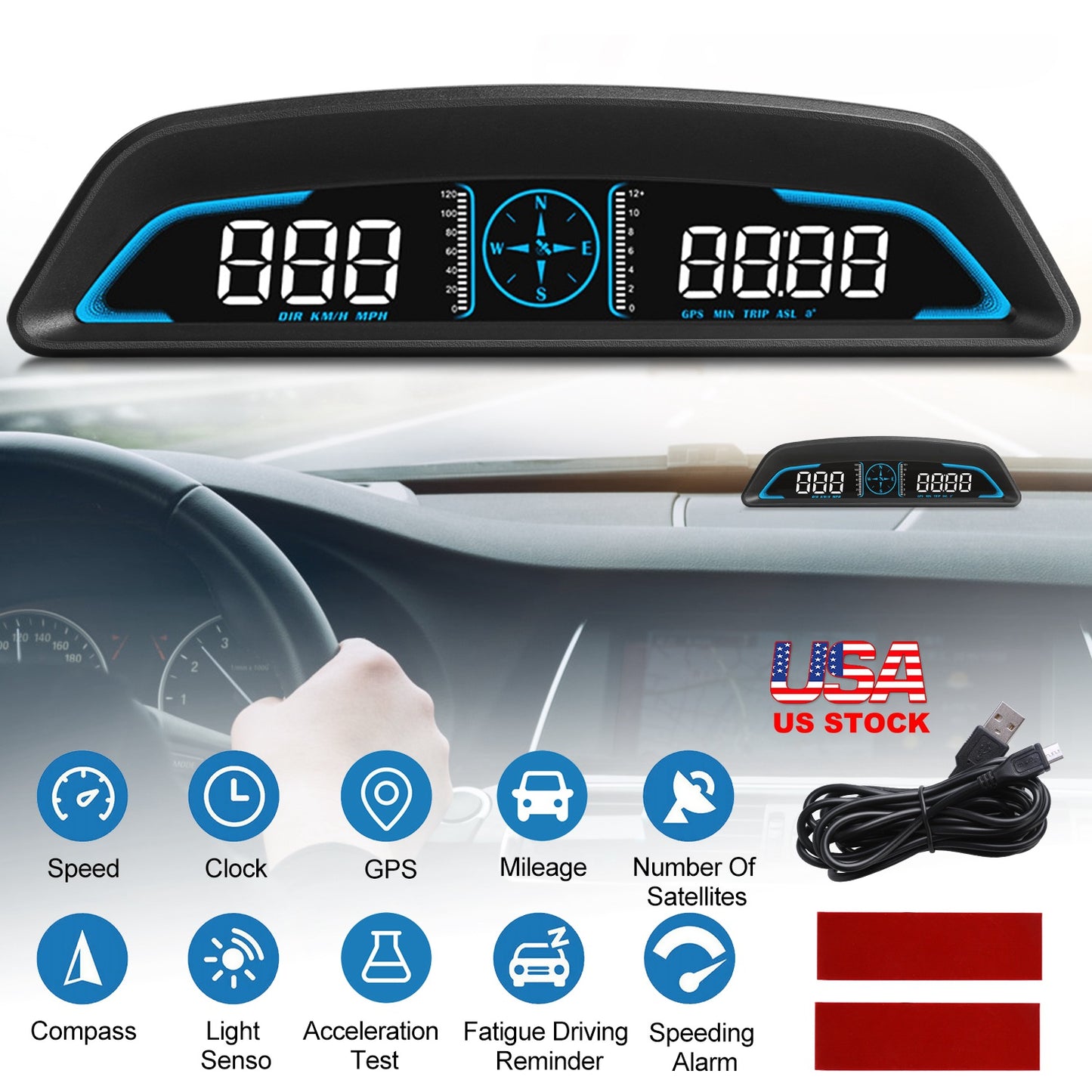 LJGelectro - Universal Car HUD GPS Head up Display Speedometer Odometer with Acceleration Time Compass Altitude Driving Distance Over Speed Alarm HD LED Display fo