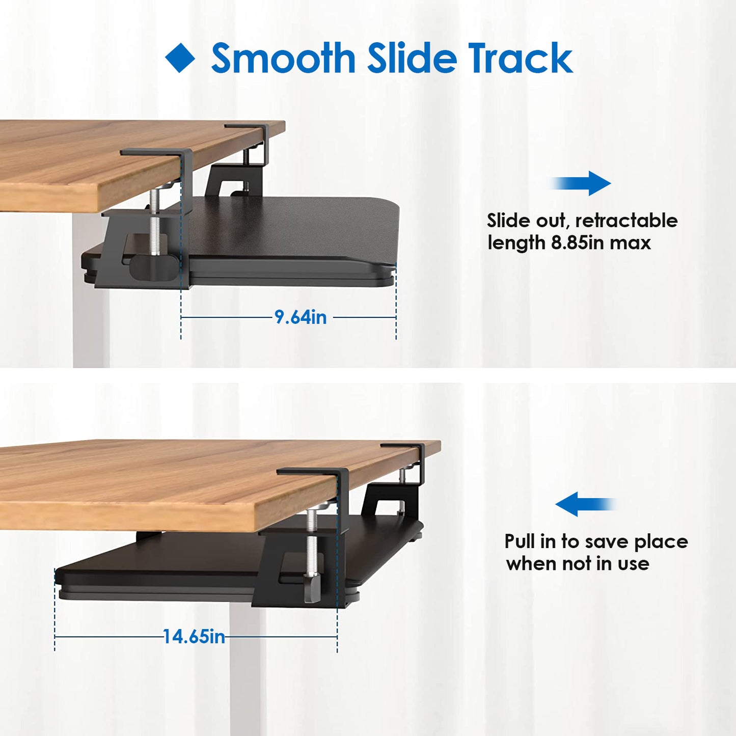 LJGelectro - 25.59x9.64x0.51in Keyboard Mouse Tray Under Desk Retractable Slide Out Drawer Height Adjustable with C Clamp 55LBS Load