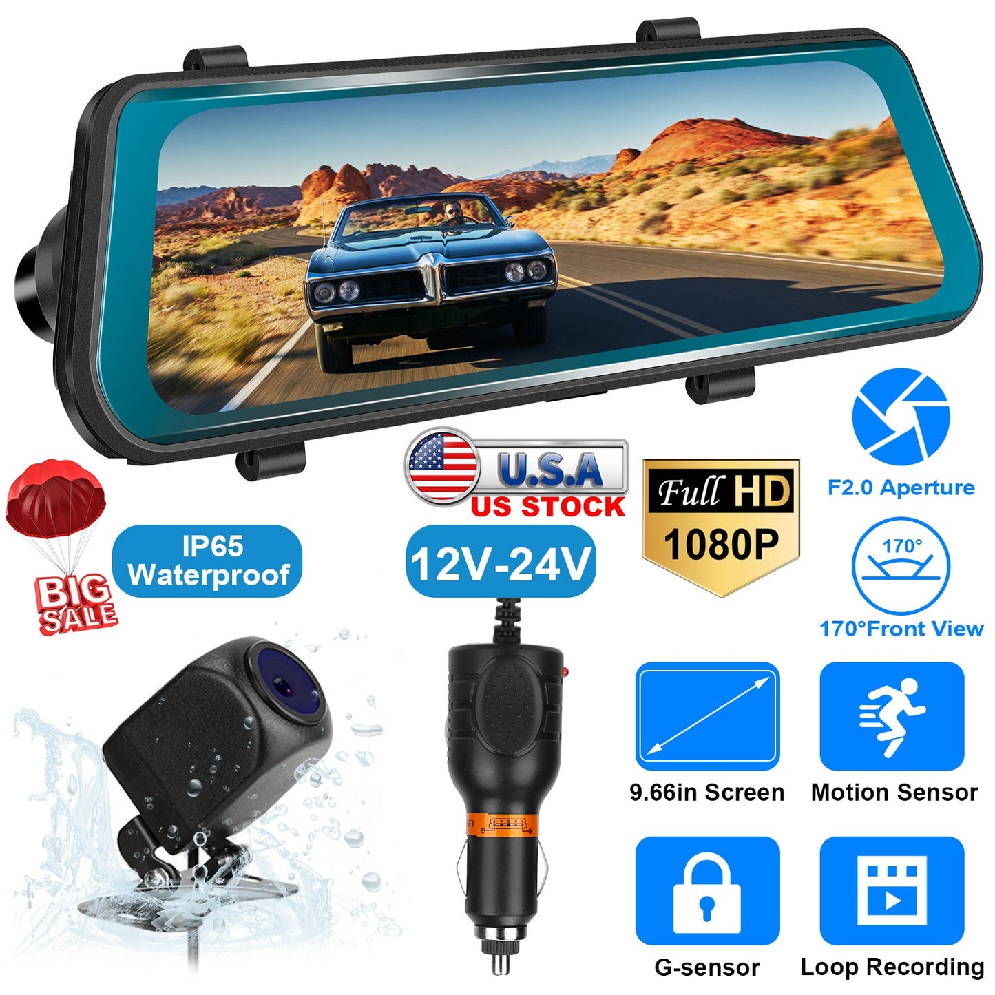 LJGelectro - FHD 1080P Car DVR Dash Camera 9.66In Vehicle Driving Recorder w/ G Sensor Parking Monitoring Seamless Recording