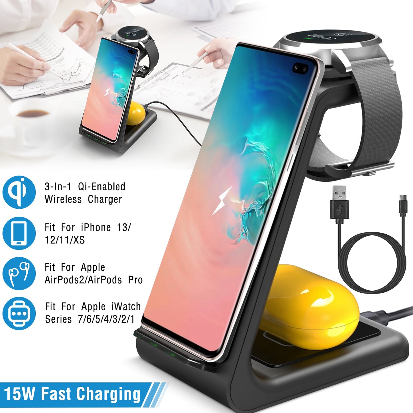 LJGelectro - 15W 3 in 1 Wireless Charger Dock Fast Charging Station Stand Holder Fit for iPhone 13/12/11/XS Apple Watch Series 7/6/5/4/3/2/1 AirPods 2 AirPods Pro