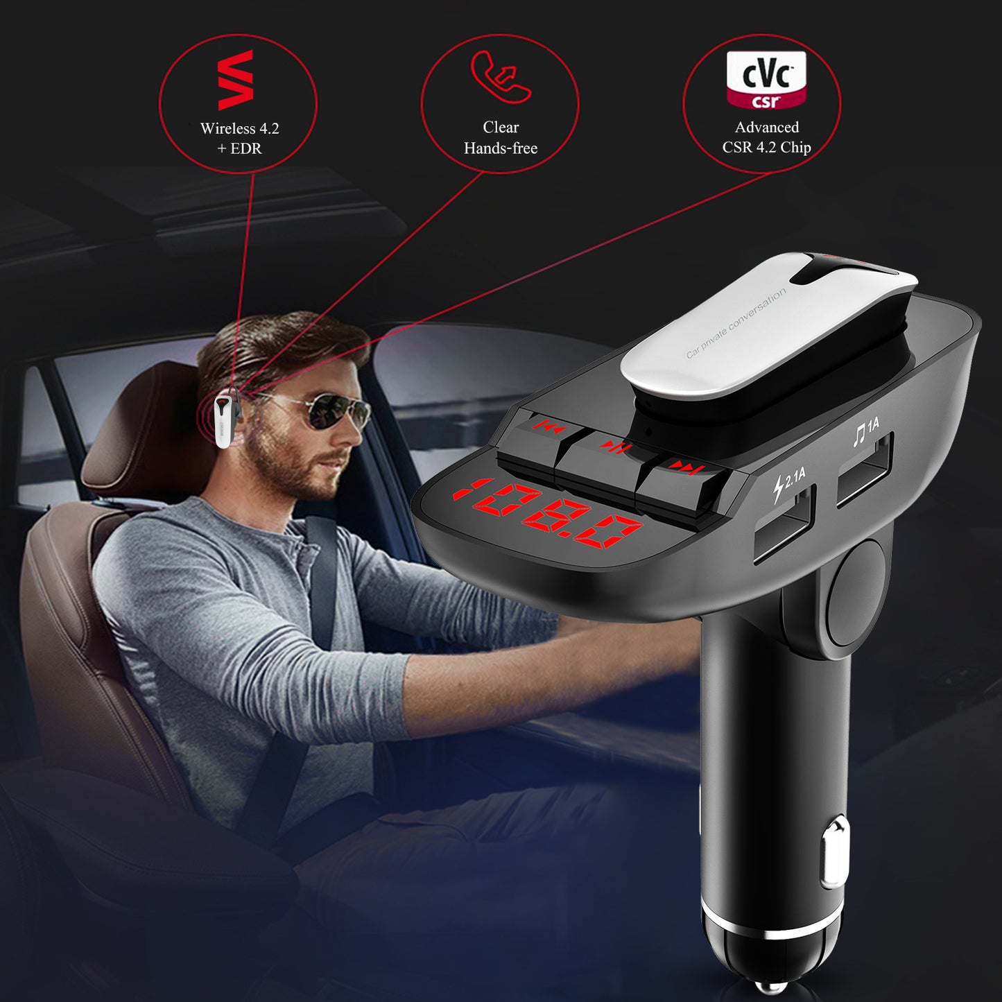 LJGelectro - Car FM Transmitter w/ Wireless Earpiece 2 USB Charge Ports Hands-free Call MP3 Player TF Card Aux-in