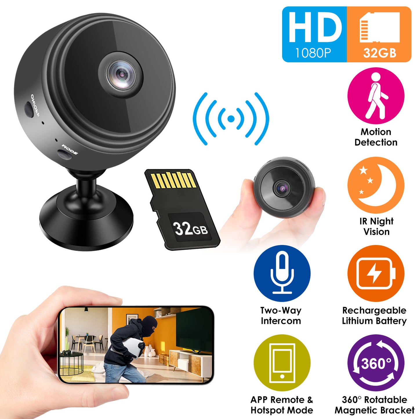 LJGelectro - Mini Camera Wireless Wifi IP Home Security Cam 1080P Full HD Surveillance Camera Nanny Cam w/ 32G MMC Card