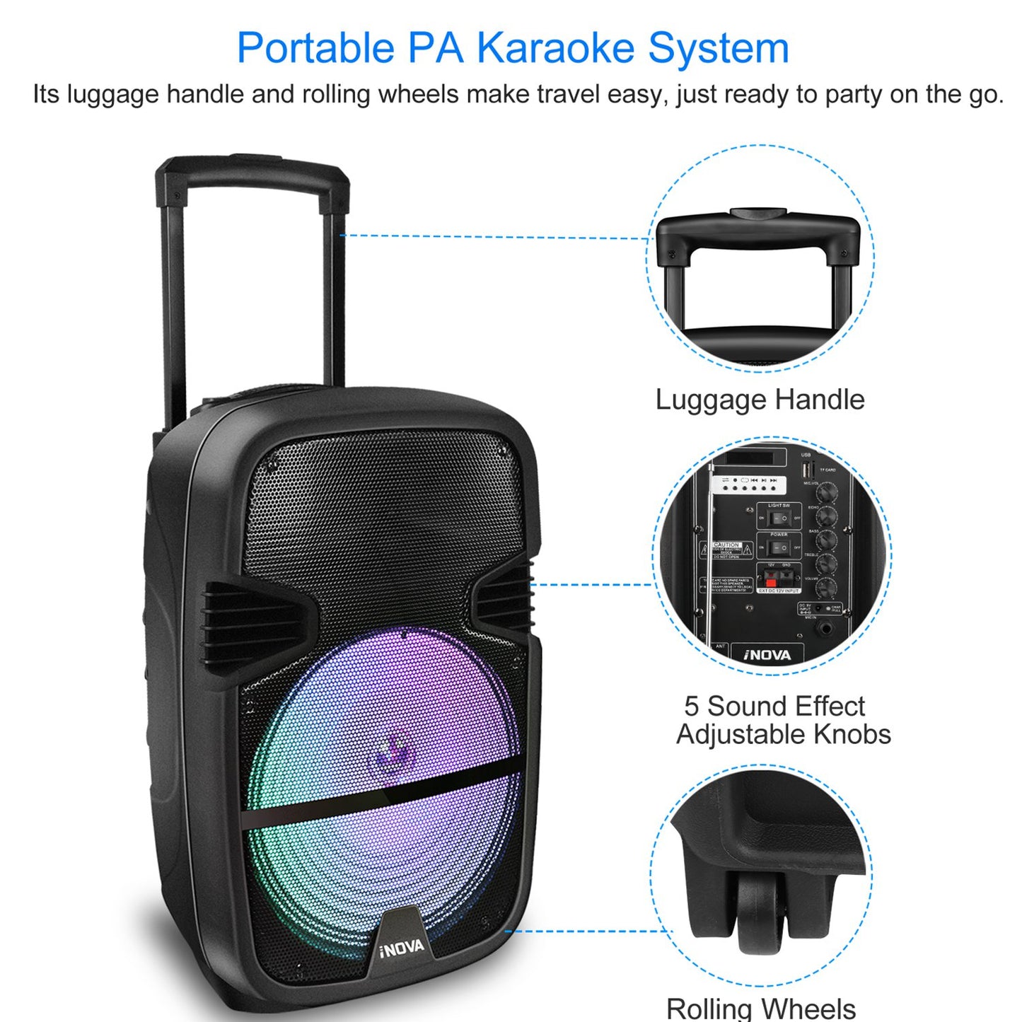 LJGelectro - Wireless Speaker Portable PA Karaoke System with 12" Subwoofer Sound System Wired Microphone w/ DJ Lights FM Remote Control