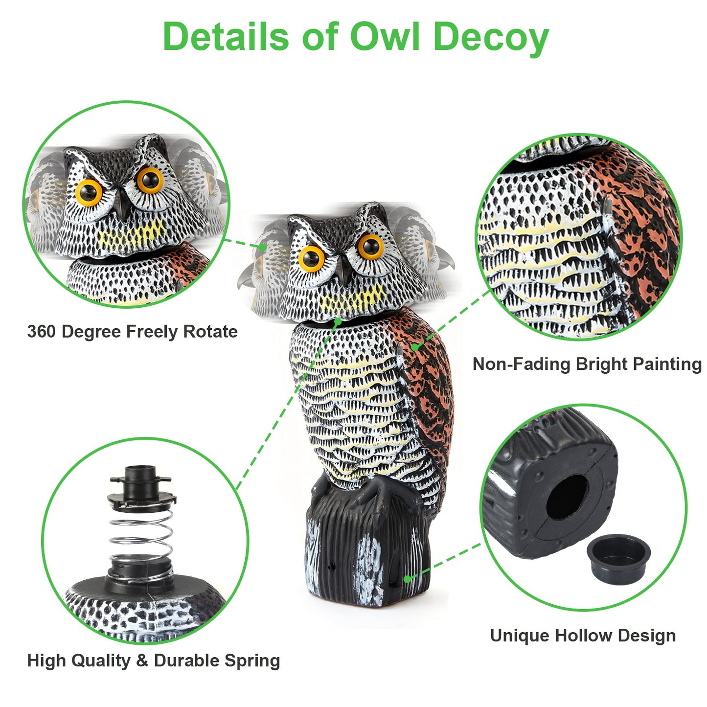 LJGelectro - Lifelike Owl Decoy with 360 Degree Rotatable Head Scare Bird Squirrel Away Pest Repellent Bird Deterrent Outdoor Garden Yard Protector