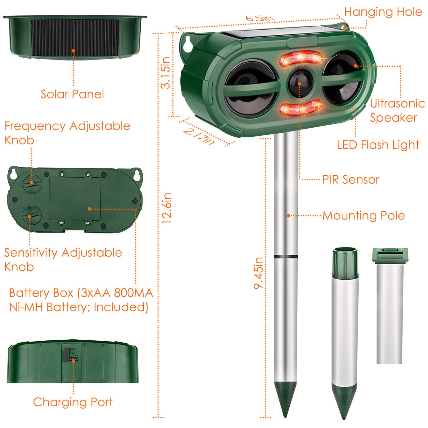 LJGelectro - Solar Ultrasonic Animal Repeller Motion Sensor Animal Repellent USB Animal Chaser IP66 Waterproof for Farm Garden Yard to Drive Deer Raccoon Squirrel