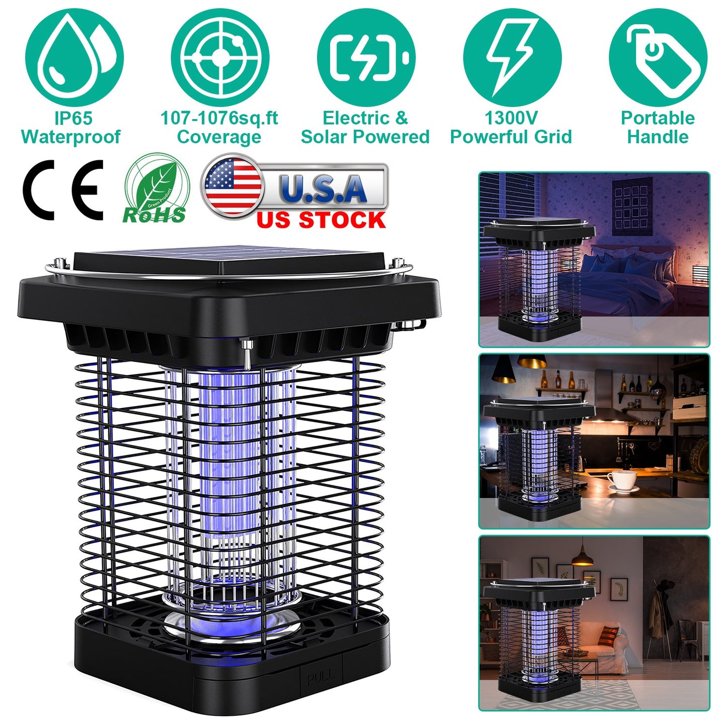 LJGelectro - Electric Solar Powered Bug Zapper 1076Sq.Feet Range Mosquito Killer Lamp IP65 Waterproof Insect Fly Trap Catcher for Indoor Outdoor