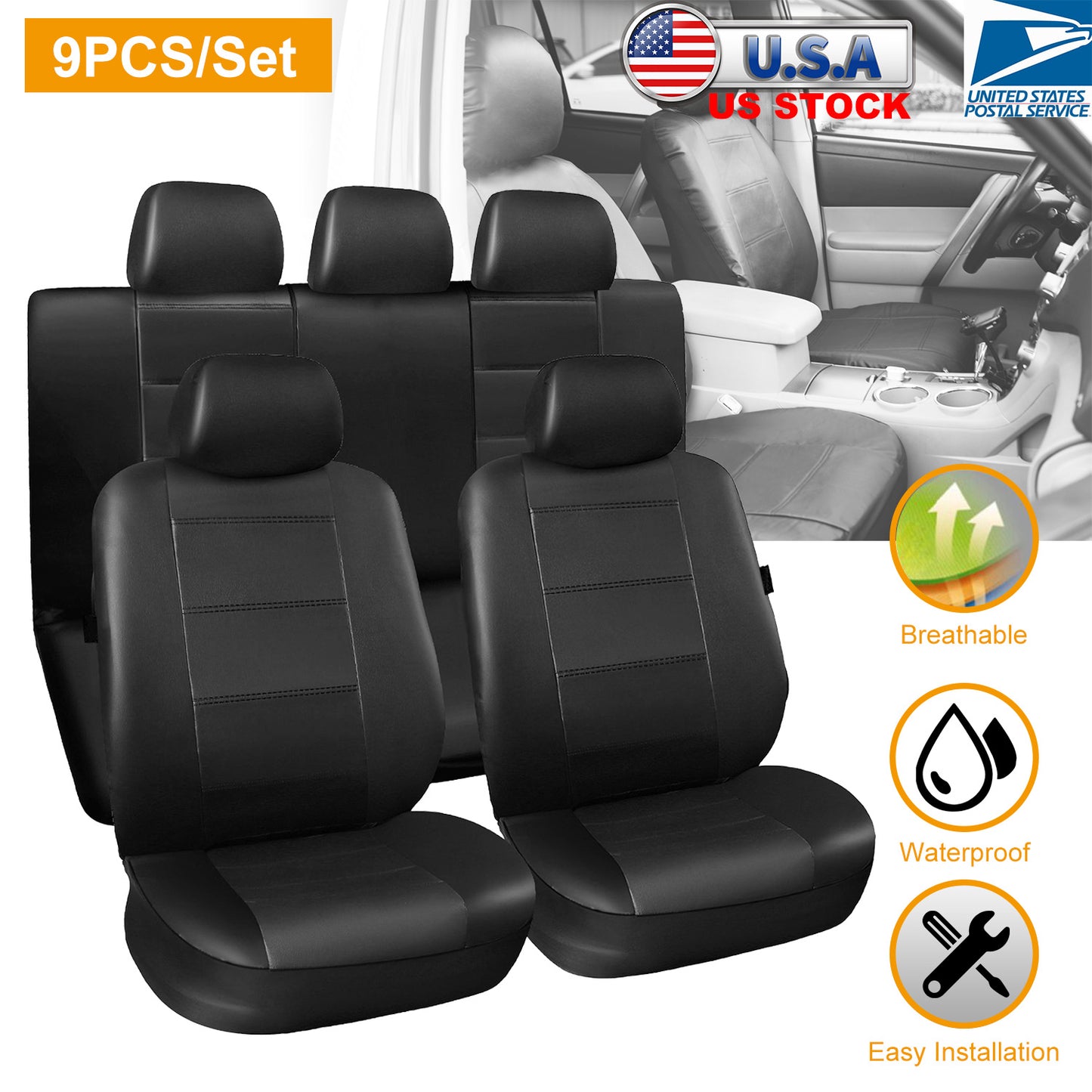 LJGelectro - 9Pcs Car Seat Cover Set PU Leather Auto Seat Cover Protector Front Back Seat Protector Cushion