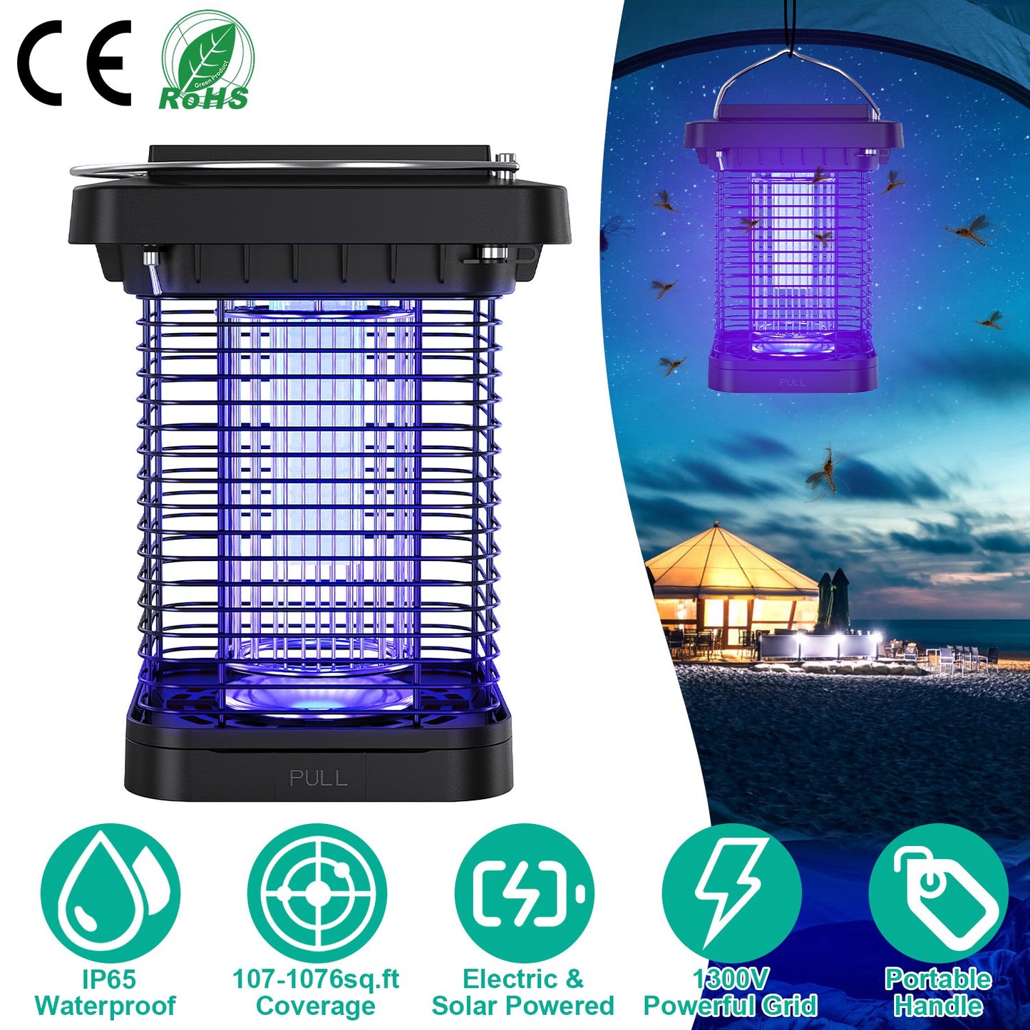 LJGelectro - Electric Solar Powered Bug Zapper 1076Sq.Feet Range Mosquito Killer Lamp IP65 Waterproof Insect Fly Trap Catcher for Indoor Outdoor