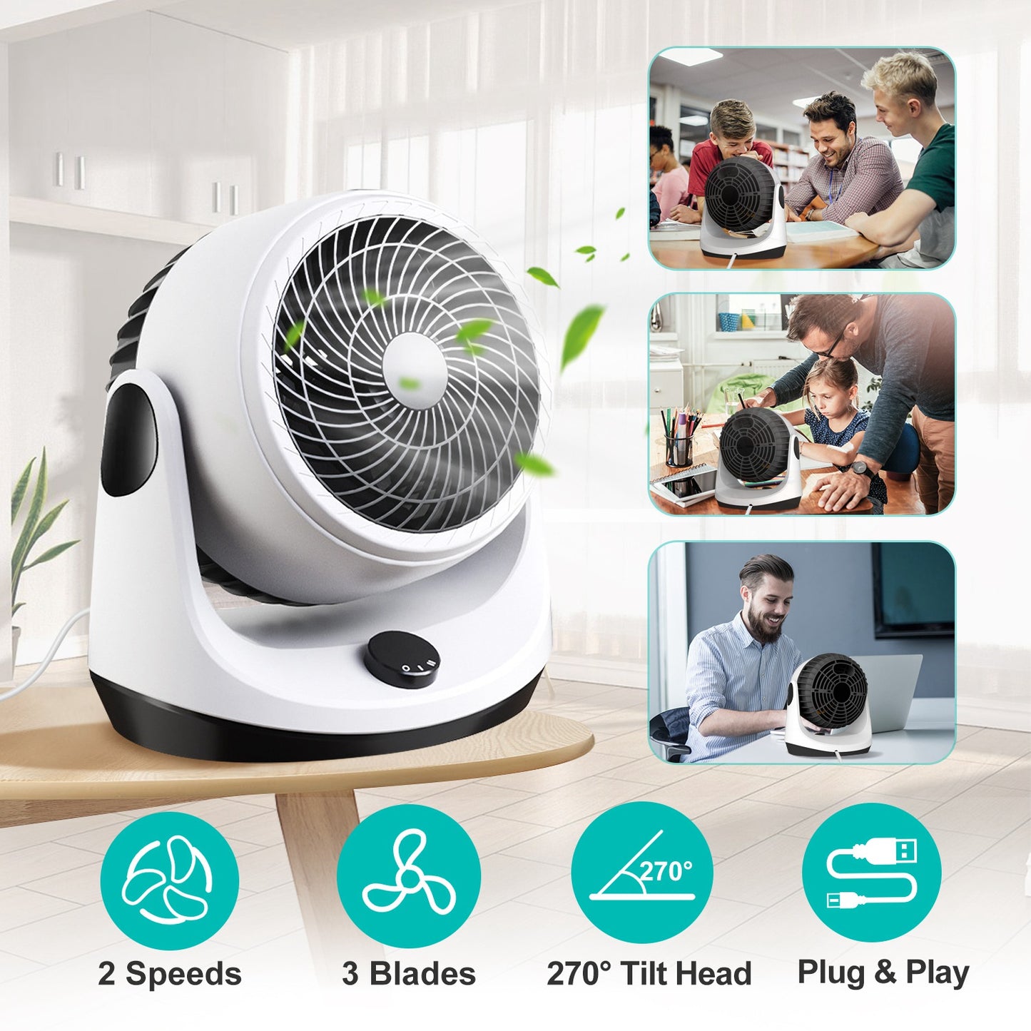 LJGelectro - Table Desktop Fan Air Circulator Office Fan with 2 Speeds 270° Adjustable Head USB Plug Play for Room Office Kitchen Office