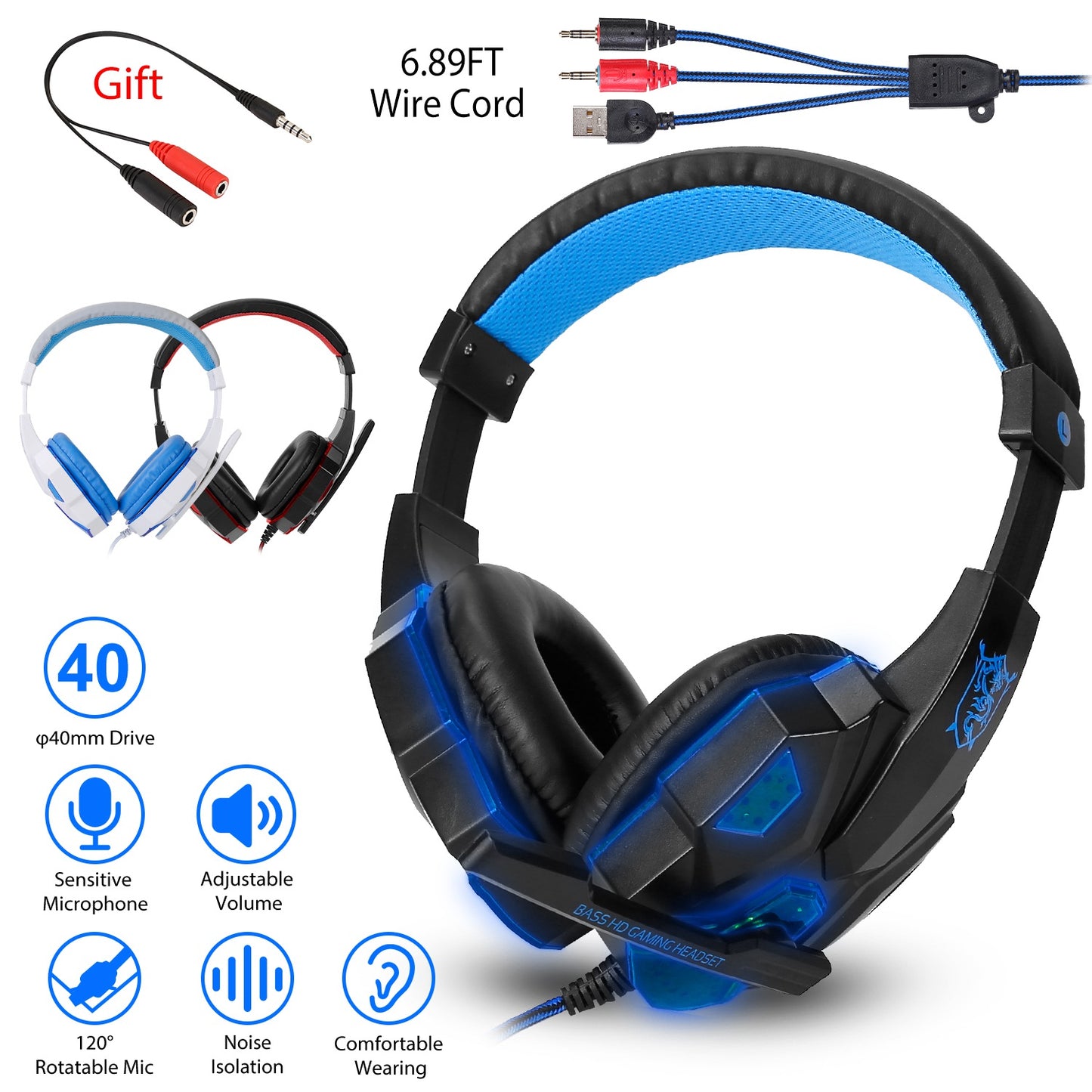 LJGelectro - Gaming Headsets Stereo Bass Over Ear Headphones w/LED Light Earmuff w/ Mic 3.5mm Plug USB 6.89FT Cord Fit For PS5/PS4/PS4 Pro/Slim/PSP/ Nintendo Switc