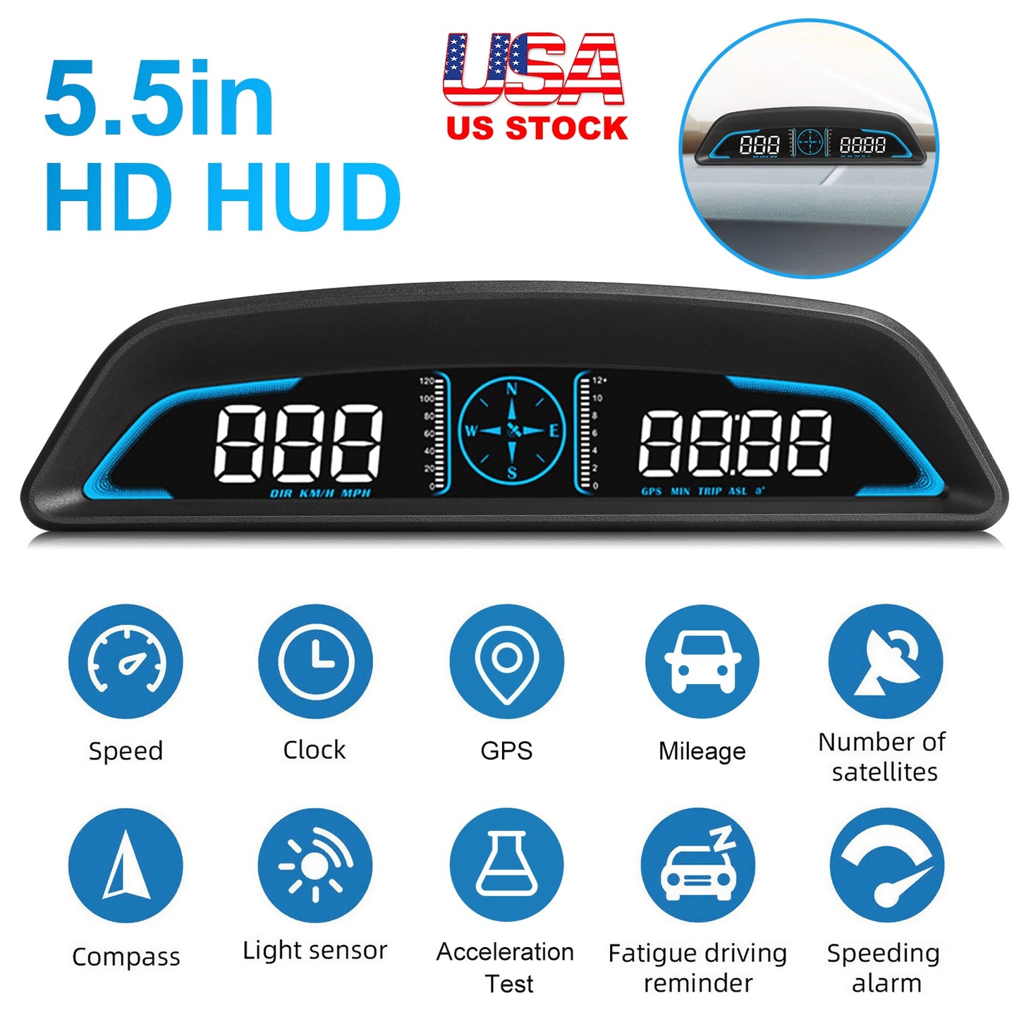 LJGelectro - Universal Car HUD GPS Head up Display Speedometer Odometer with Acceleration Time Compass Altitude Driving Distance Over Speed Alarm HD LED Display fo