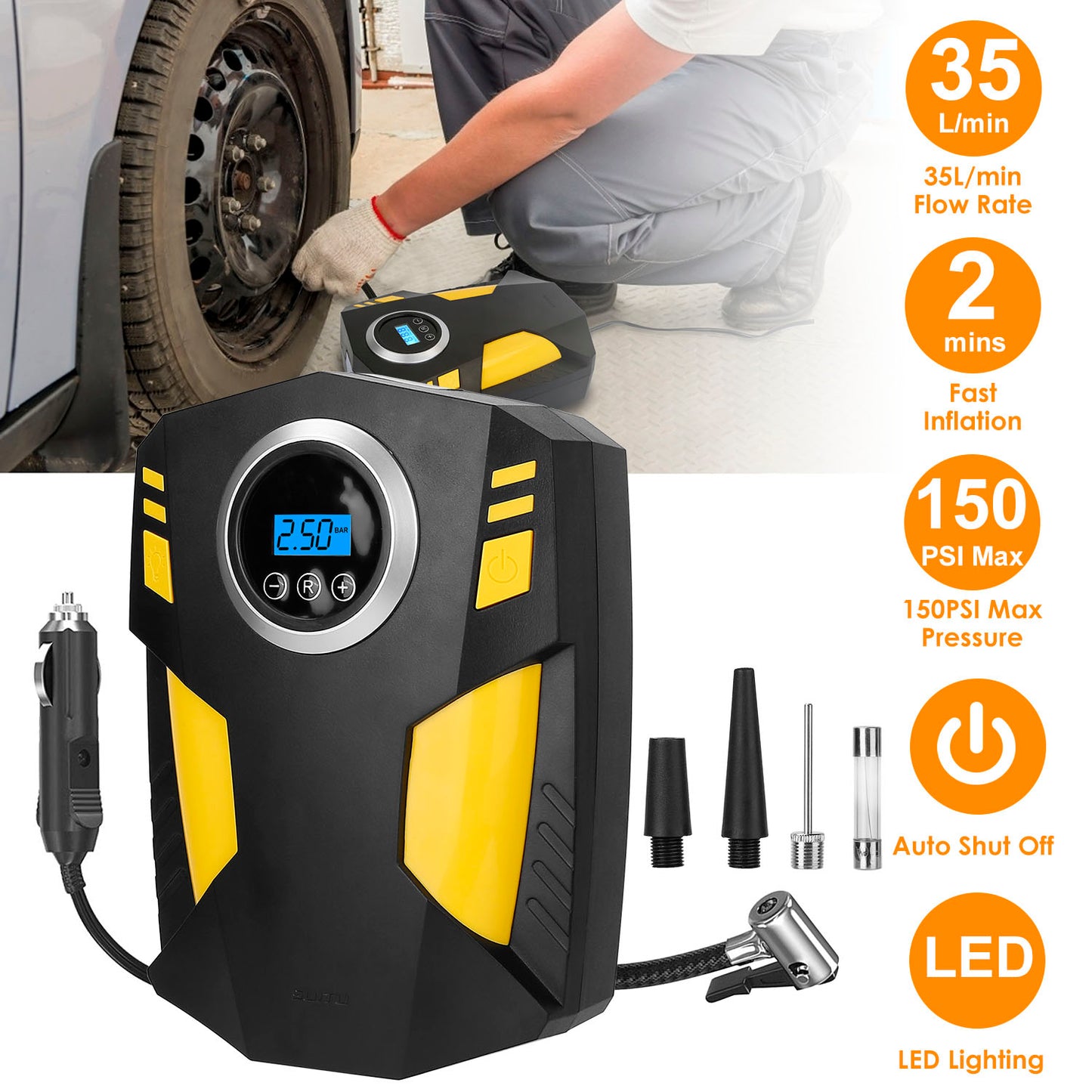 LJGelectro - Portable Car Tire Inflator DC 12V Digital Car Air Pump Compressor Electric Air Pump w/LED Light 150PSI