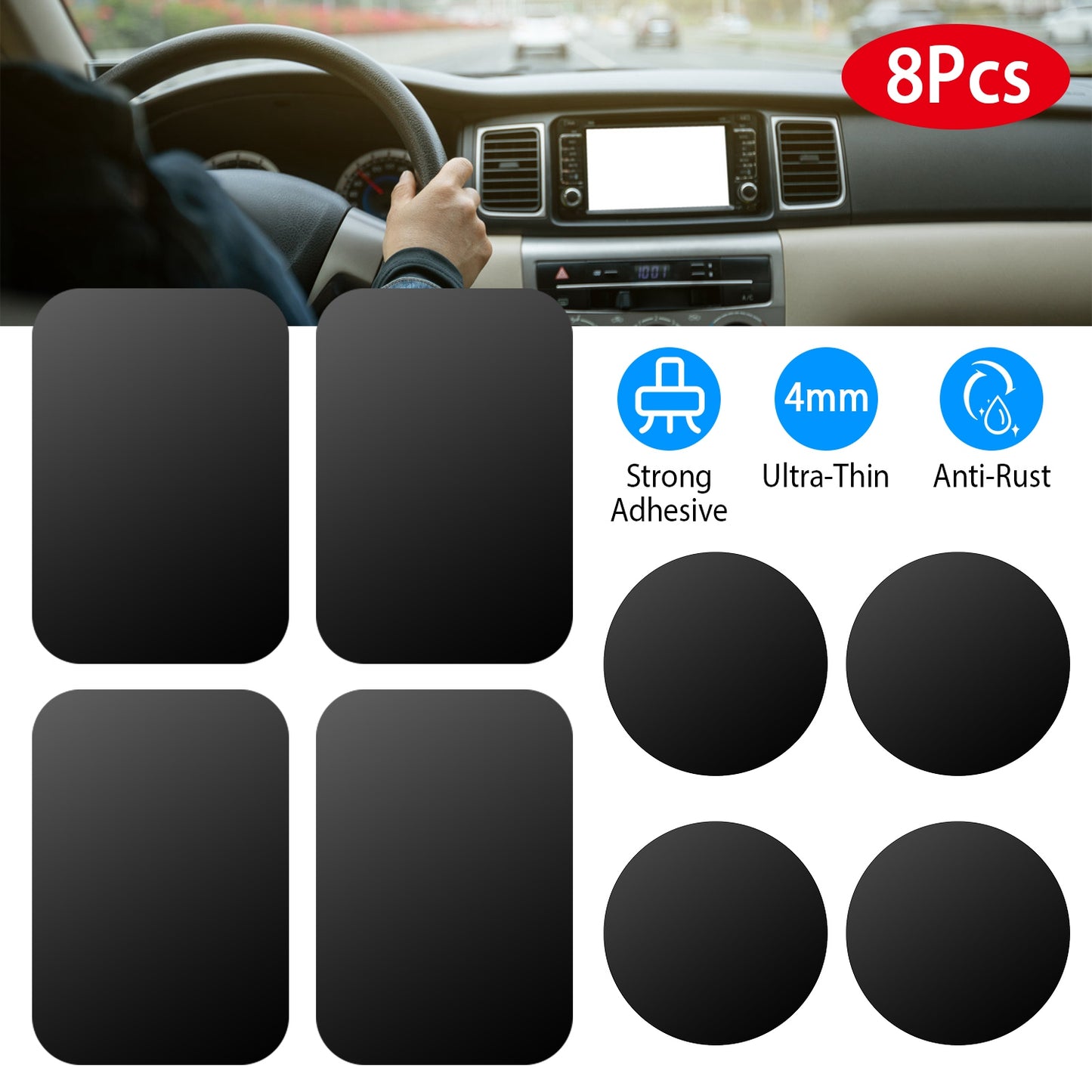 LJGelectro - 8Pcs Universal Metal Plates with Strong Adhesive 4Pcs Round and 4Pcs Rectangle Metal Plates for Magnetic Car Mount Phone Holder