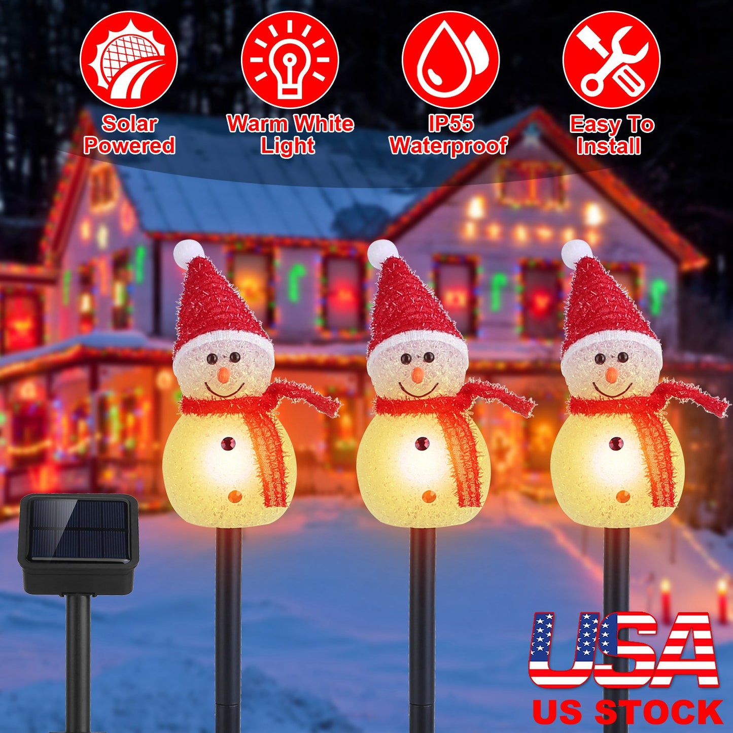 LJGelectro - 1Pc Solar Powered Lamp 3 Snowmen Outdoor Decorative Christmas Lamp Garden Stake Light IP55 Waterproof Santa Landscape Light Warm White LED Lighting Pa