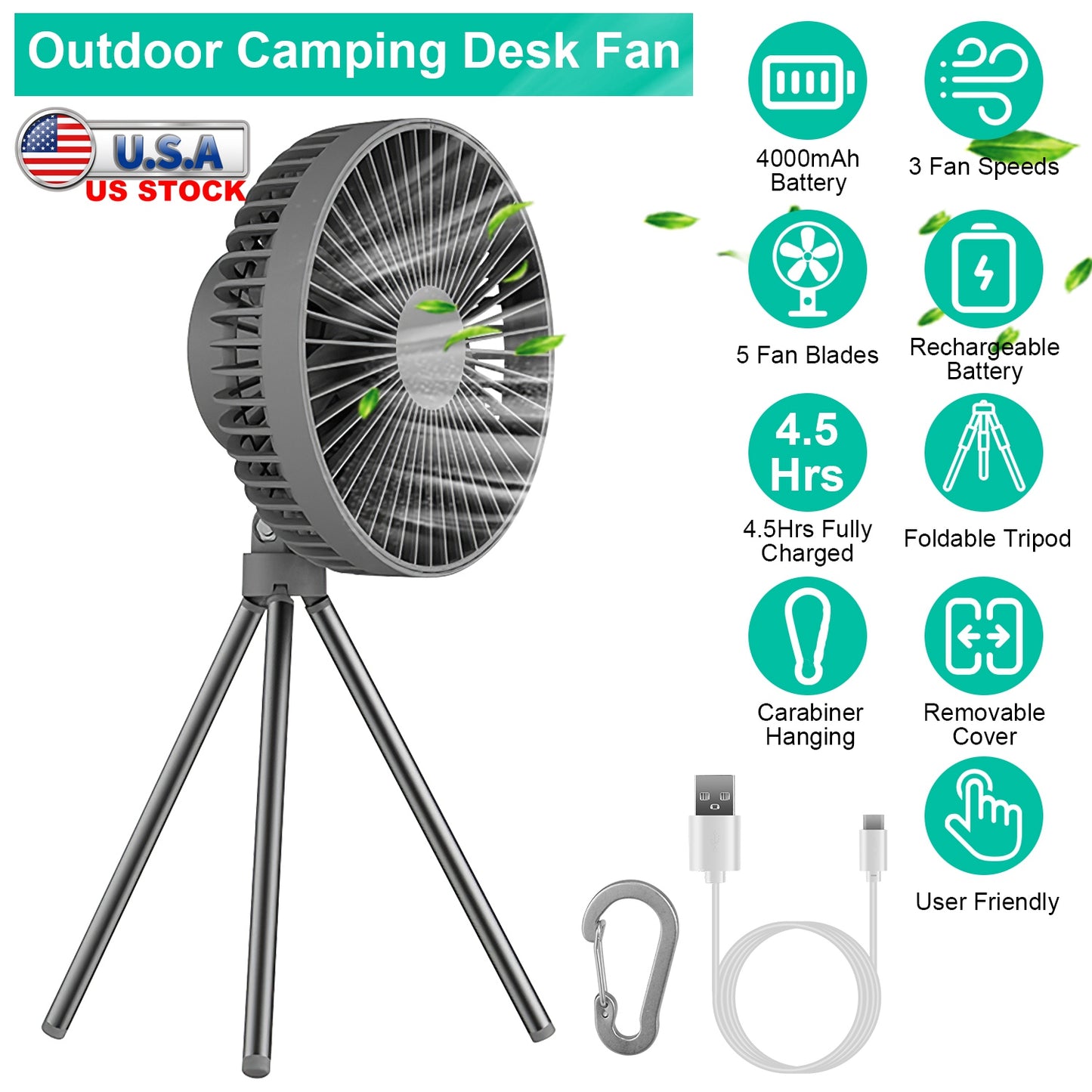 LJGelectro - Portable Camping Fan Rechargeable Battery Powered Foldable Tripod Fan for Tent with Hanging Hook Carabiner Personal Desk Fan with 3 Speed Setting for