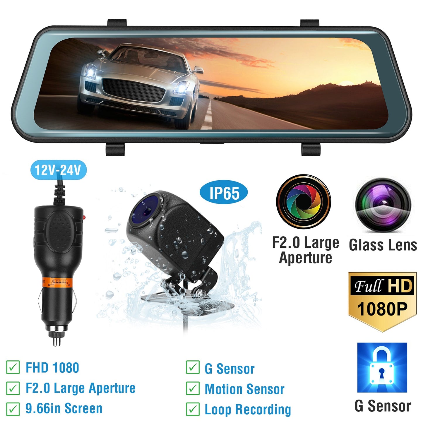 LJGelectro - FHD 1080P Car DVR Dash Camera 9.66In Vehicle Driving Recorder w/ G Sensor Parking Monitoring Seamless Recording