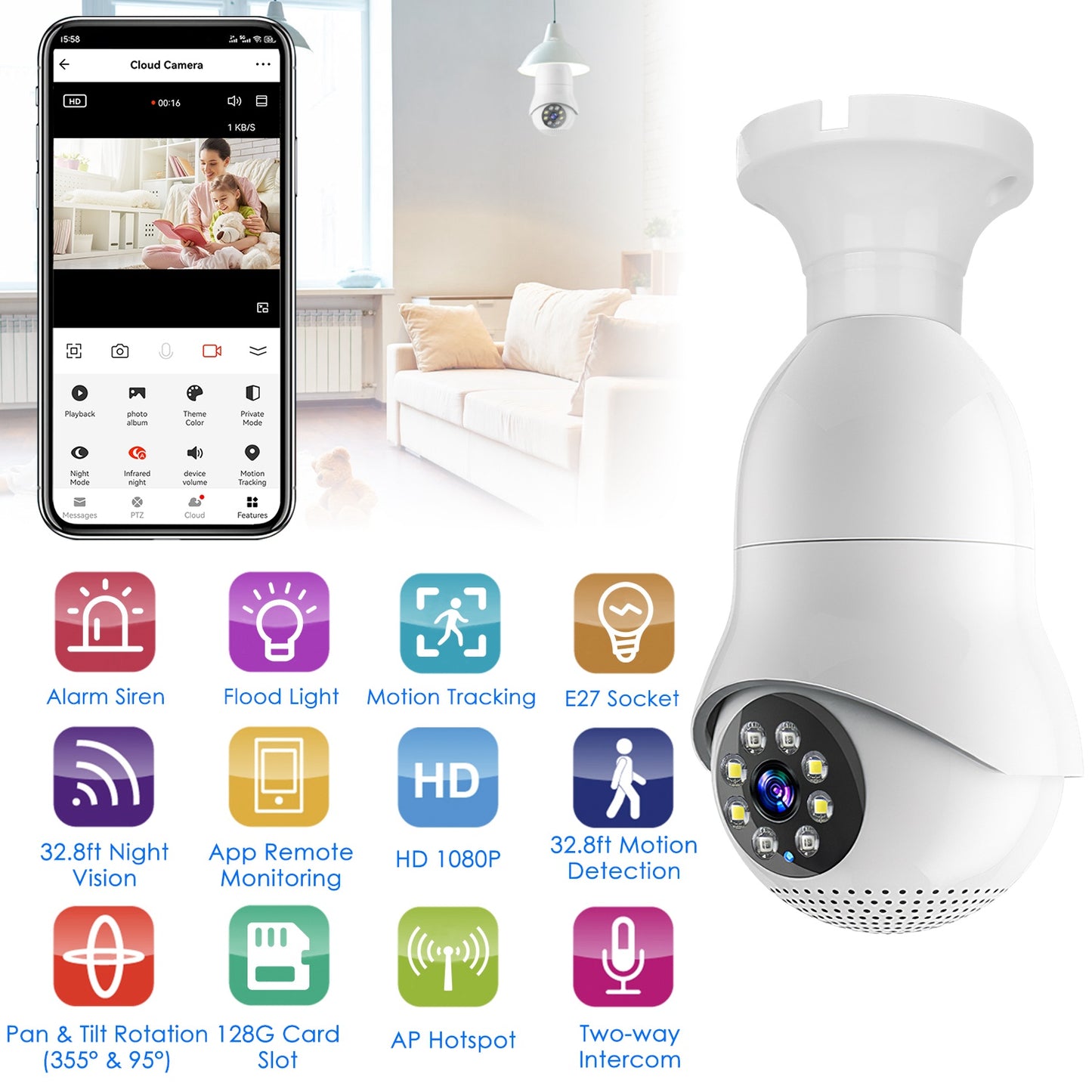 LJGelectro - E27 WiFi Bulb Camera 1080P FHD WiFi IP Pan Tilt Security Surveillance Camera with Two-Way Audio Night Vision Flood Light Motion Tracking Siren Functio