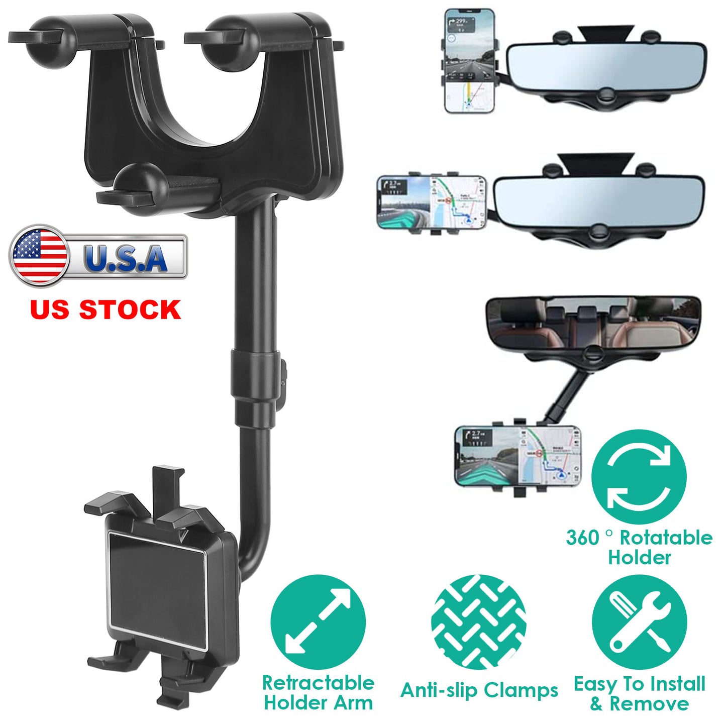 LJGelectro - Car Mobile Phone Holder Bracket Multifunctional Rearview Mirror Phone Mount Cradle for Car Rotatable Retractable Universal Phone Mount for iPhone 12 1