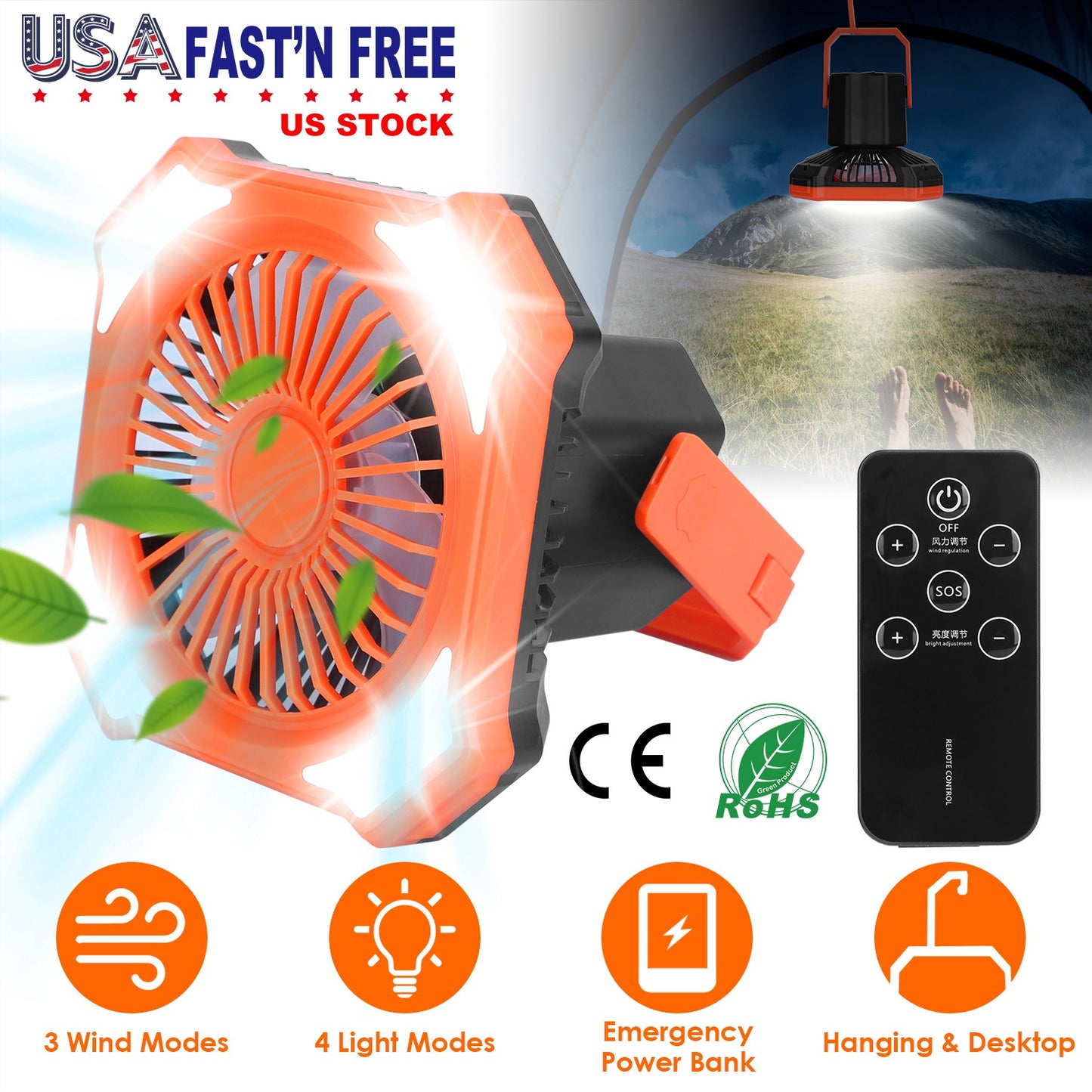 LJGelectro - Portable Camping Lantern Fan 10000mAh Battery Powered Hanging Fan USB Rechargeable Tent Fan with 4 Light Modes 3 Wind Modes Emergency Power Bank Remot