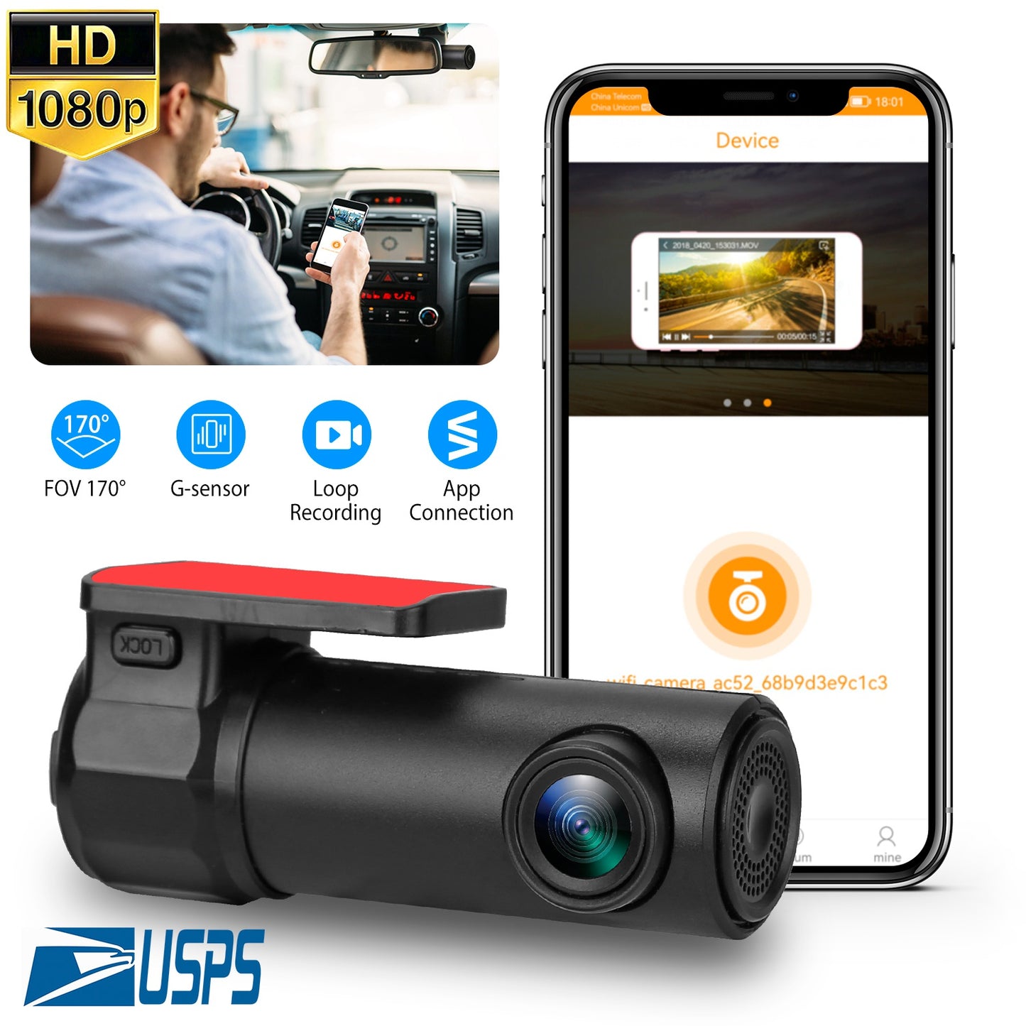 LJGelectro - 1080P Dash Cam Car Camera Recorder 170°HD Looping Recording G-sensor App Wifi Car DVR