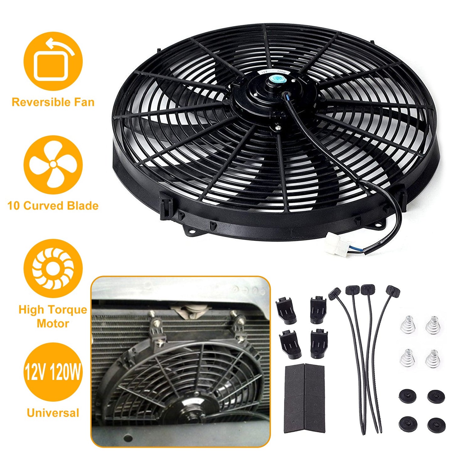 LJGelectro - 16 Inch Electric Radiator Cooling Fan 12V 120W 10 Blades Car w/ Mounting Kit