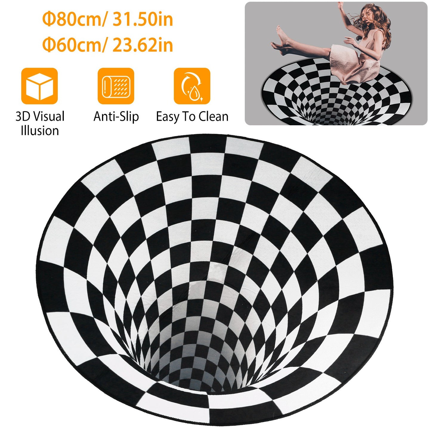 LJGelectro - 3D Visual Floor Area Mat Anti-slip Illusion Rug Doormat Round Living Room Carpet Mat