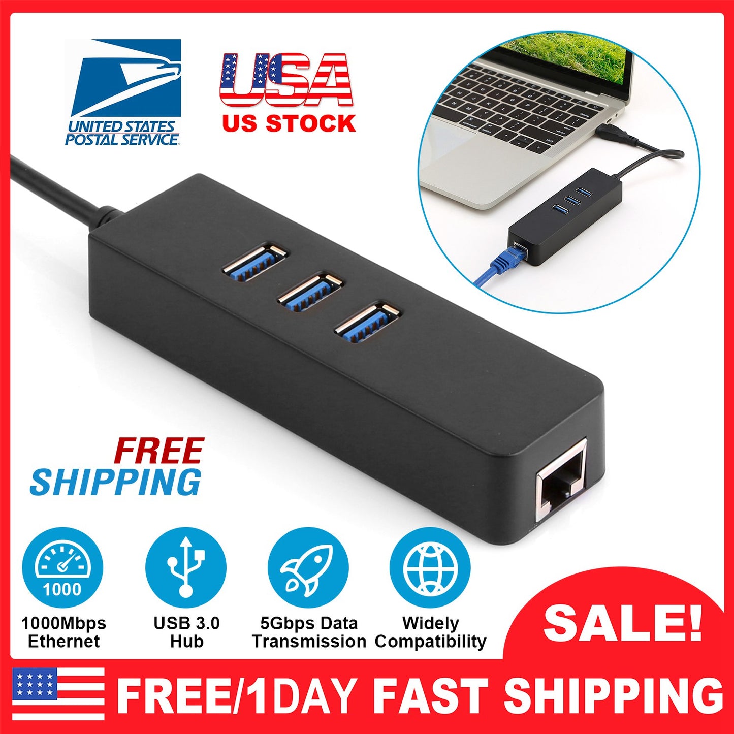 LJGelectro - 3 Ports USB 3.0 Hub Gigabit Ethernet Adapter 10/100/1000 Mbps Converter LAN RJ45 Wired USB Network Adapter