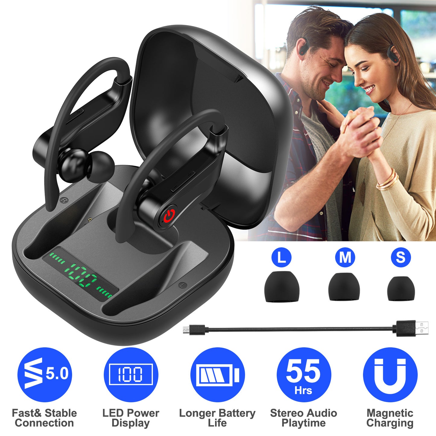 LJGelectro - True Wireless Earbuds TWS Stereo Earphones In-Ear Wireless V5.0 Headsets with LED Display Magnetic Charging Case Built-in Mic with Deep Bass IPX5 Wate