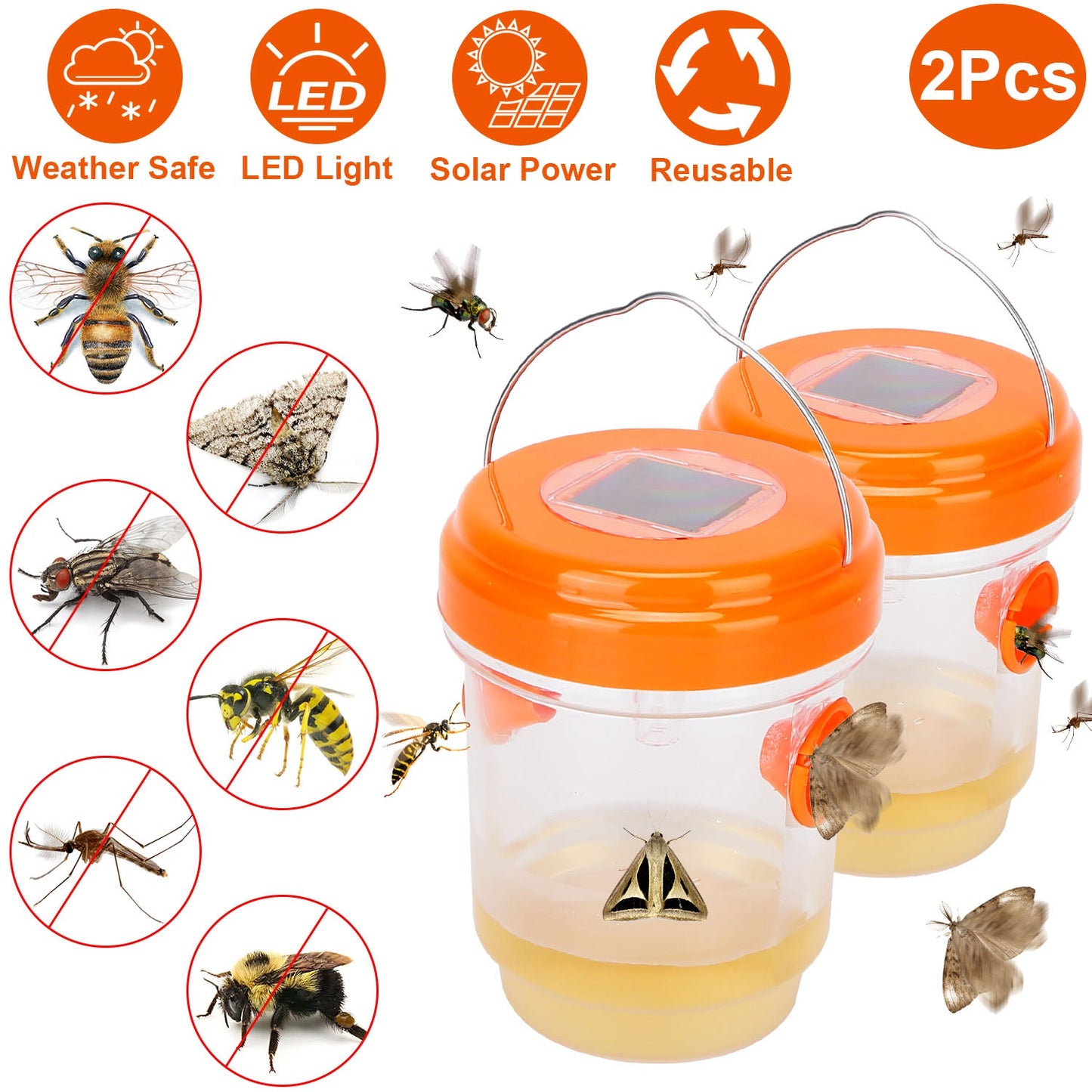 LJGelectro - 2Pcs Solar Powered Outdoor Wasp Trap Hanging Fly Catcher Reusable Bee Killer with UV Light to Trap Yellow Jacket Hornet Wasp Bee