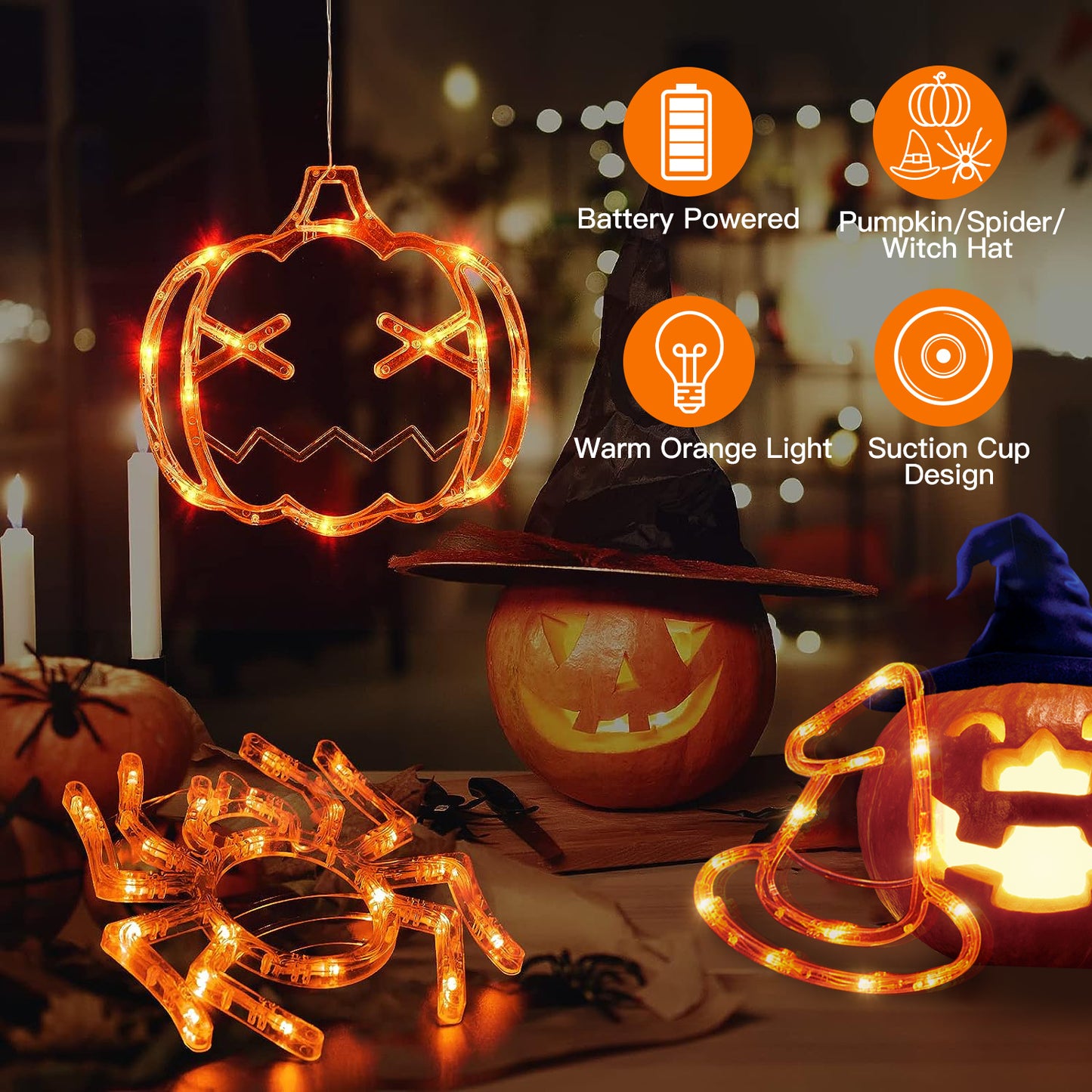 LJGelectro - 3 Pack Halloween Window Light Spider Witch Hat Pumpkin with Orange Light Hanging Halloween Decoration Light with Suction Cup Hanging Holes