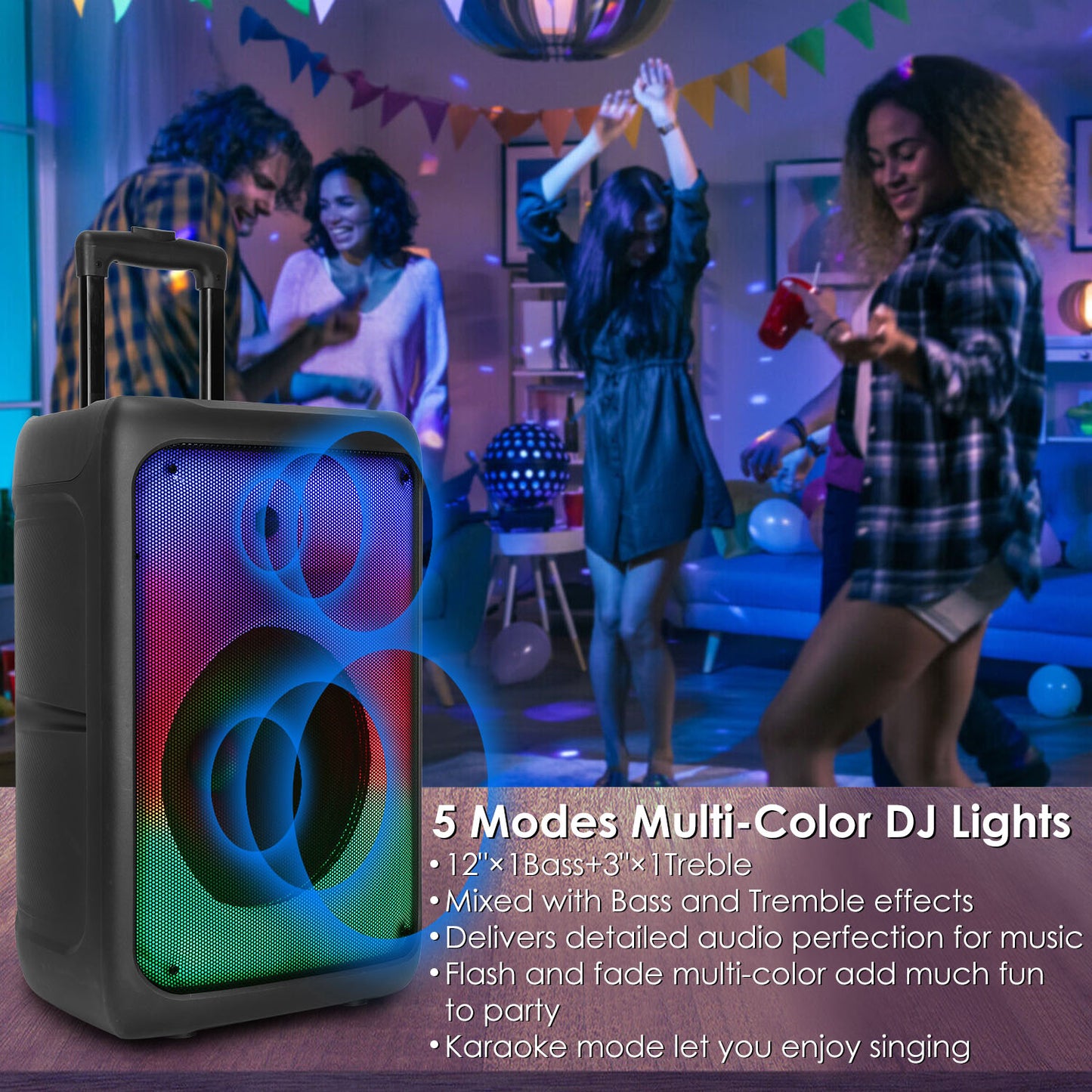 LJGelectro - Portable Wireless Party Speaker Party Speaker with with 5 Colorful Lighting Modes TWS FM USB MMC Slot Aux In Recording Mic Priority Trolley Handle 2 W