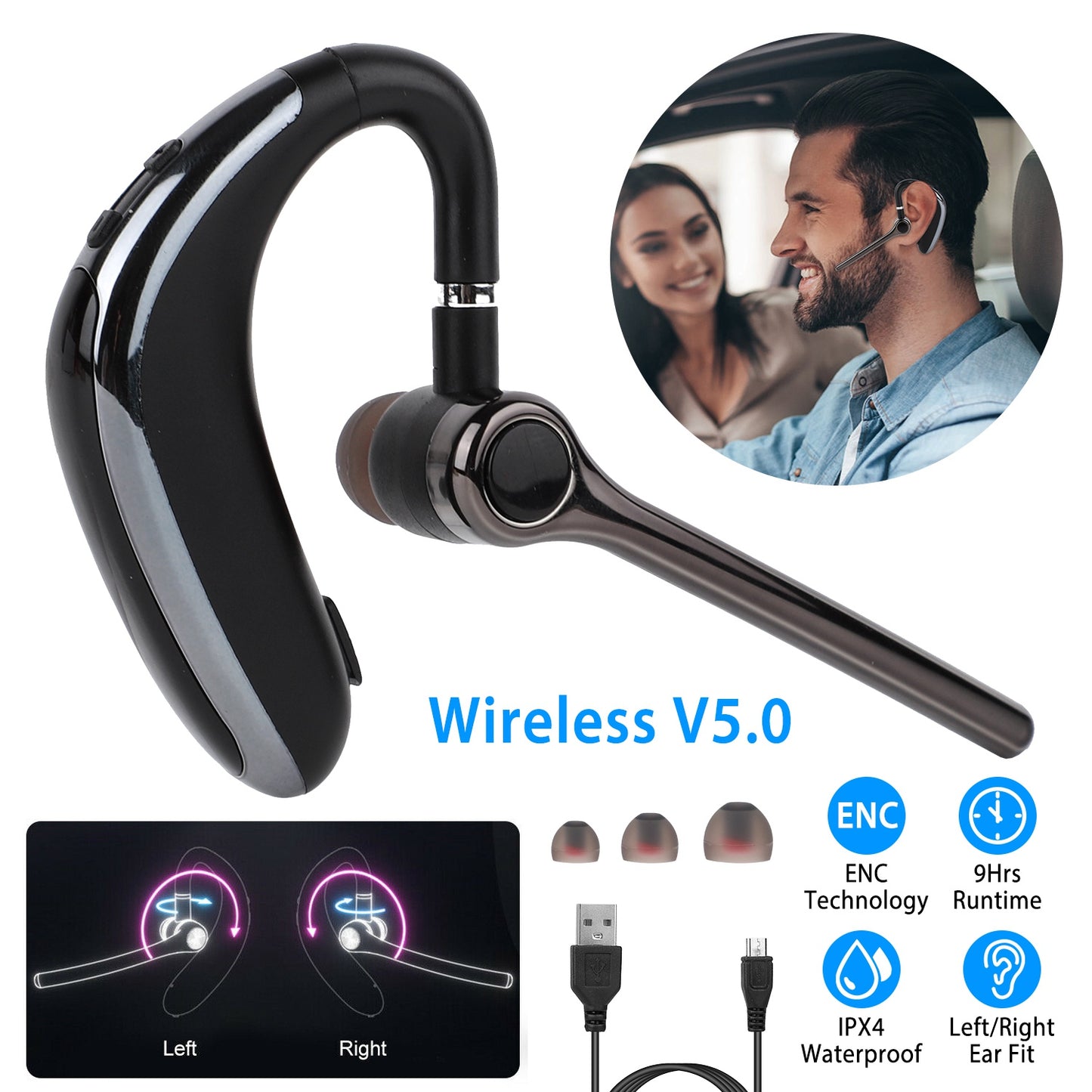 LJGelectro - Wireless V5.0 Earpiece ENC Driving Earbuds 180° Rotatable Left Right Ear Fit Earphone For Business Driving Running