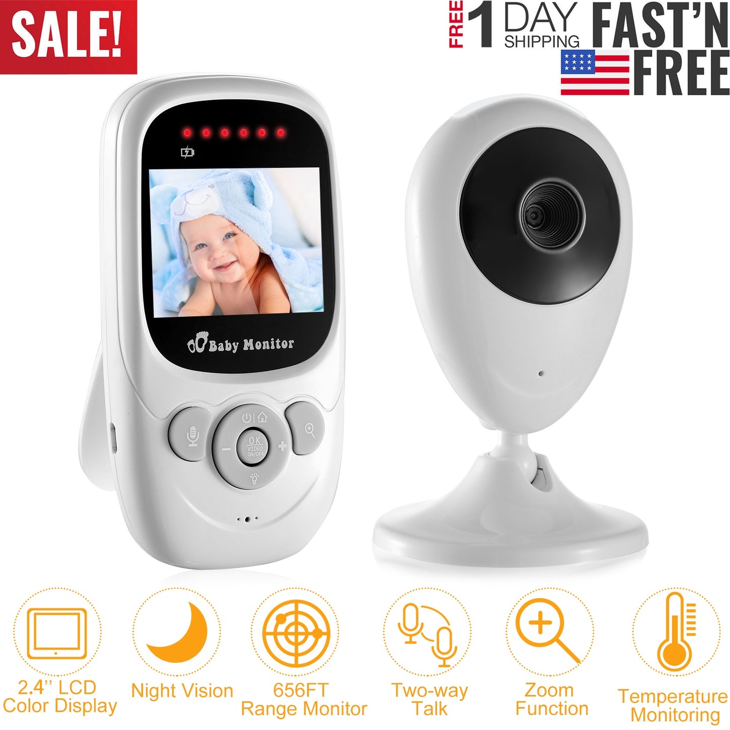 LJGelectro - 656FT Video Baby Monitor w/ Digital Camera Infrared Night Vision 2.4’’ LCD Two-way Talk Zoom Function 2.4GHz Wireless Transmission Temperature Monitor