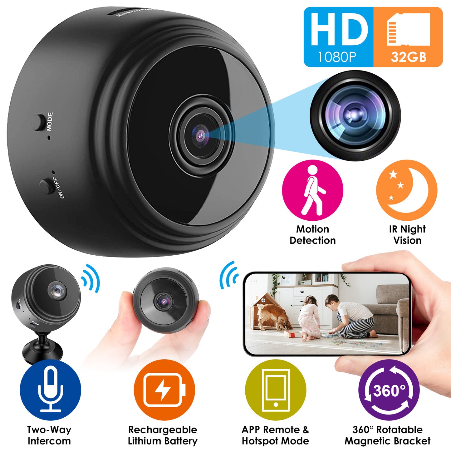 LJGelectro - Mini Camera Wireless Wifi IP Home Security Cam 1080P Full HD Surveillance Camera Nanny Cam w/ 32G MMC Card