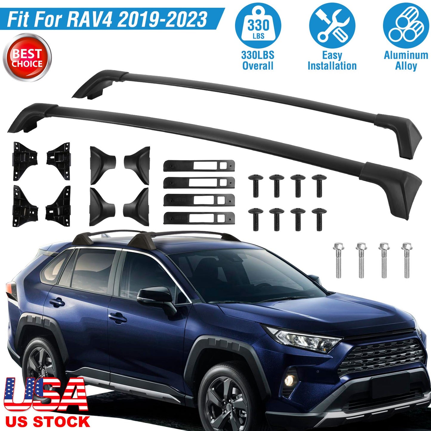 LJGelectro - Car Roof Rack Cross Bars Aluminum Alloy Cargo Carrier Rooftop Crossbars Fit for Toyota RAV4 2019-2024 with Side Rails for Cargo Carrier Bag Kayak Bike