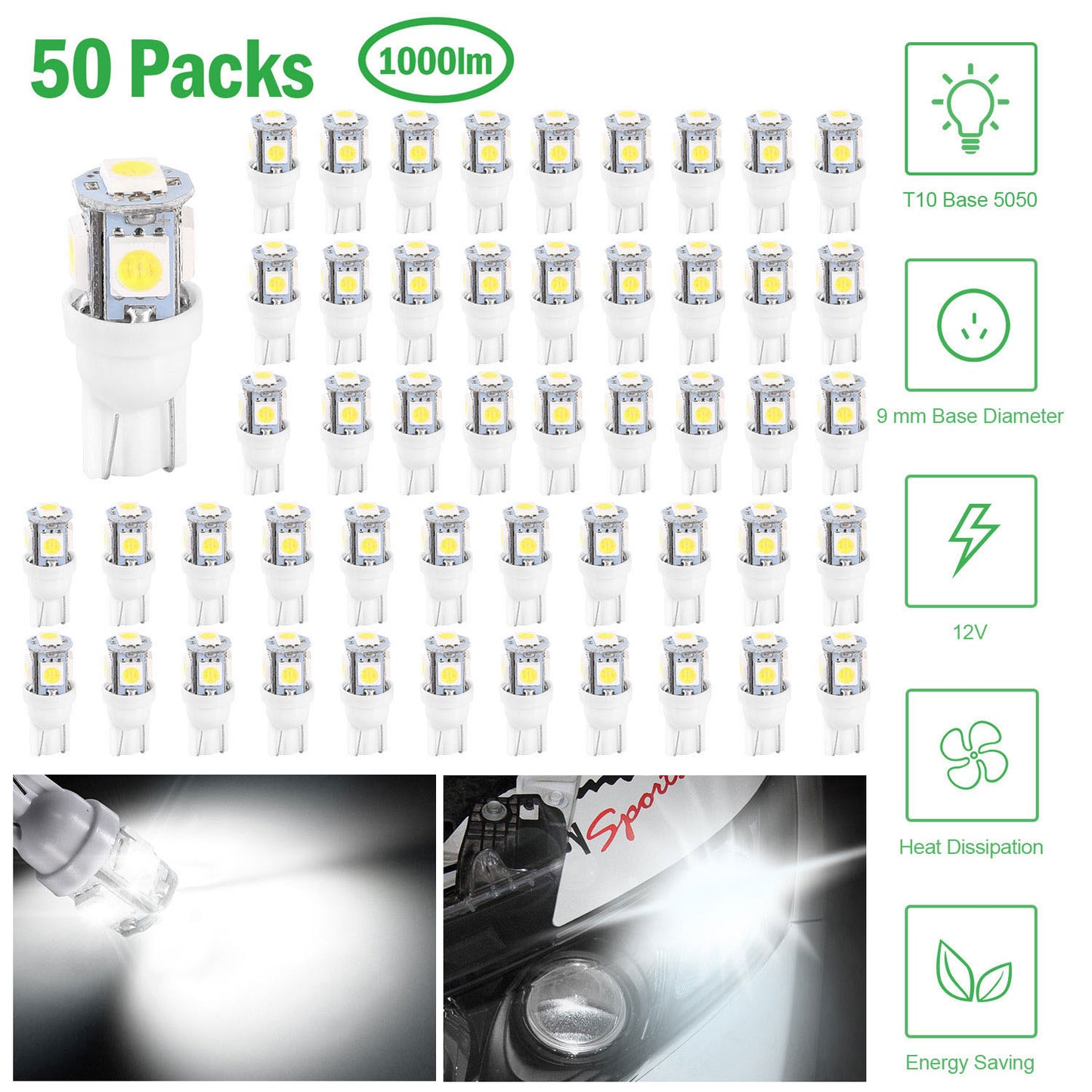 LJGelectro - 50Pcs/Kit LED Car Light Bulbs 1000lm T10 Base 5050 6000K White Auto Lamps Replacement for Dome Map Door Trunk Signal License Plate