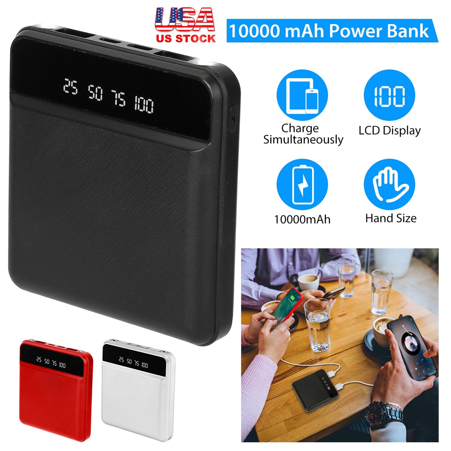 LJGelectro - 10000mAh Portable Power Bank Mini External Battery Pack Charger w/ Dual USB Ports LCD Display Type C Micro USB Input Ports