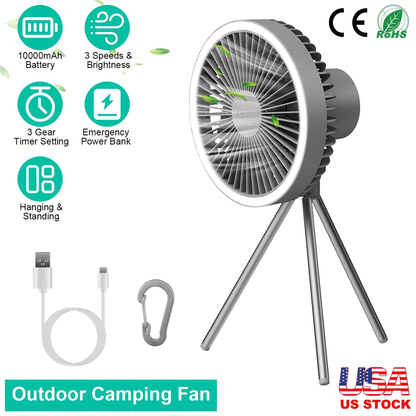 LJGelectro - Camping Fan with Lantern 10000mAh Rechargeable Battery Powered Portable Tripod Fan for Tent with Hanging Hook Carabiner Emergency Power Bank Desk Fan