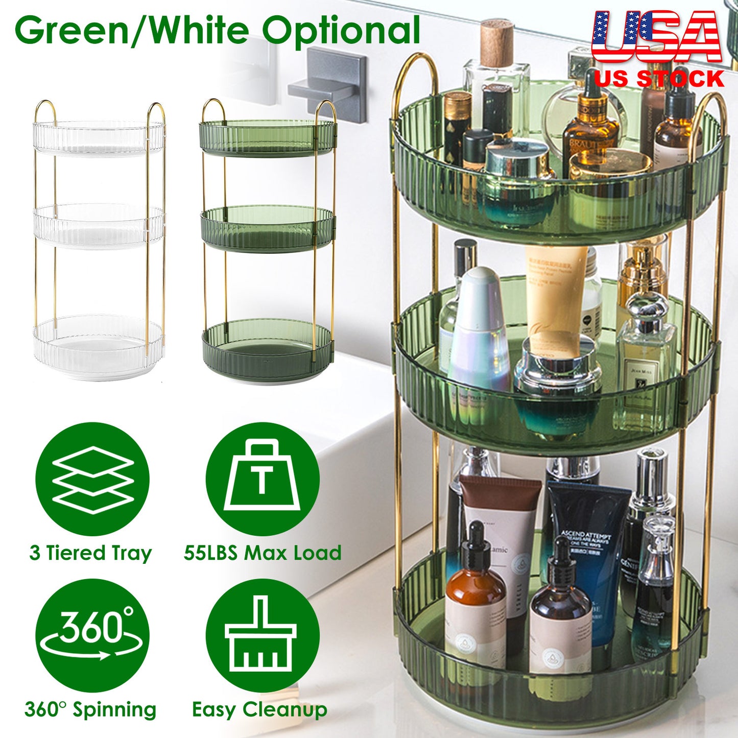 LJGelectro - 3 Tier Rotating Makeup Organizer 360° Spinning Perfume Cosmetic Storage Tray 55LBS Load Countertop Shelves for Lotion Lipstick