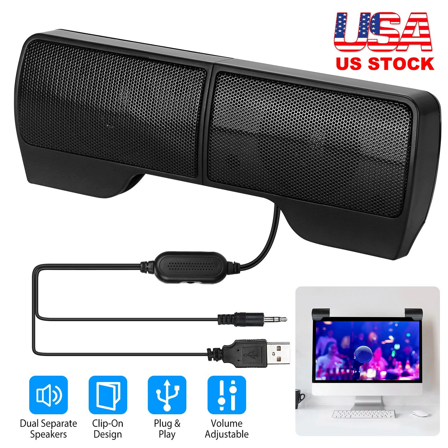 LJGelectro - Clip-On Computer Sound Bar Portable USB Stereo Mini Wired Speaker w/ Volume Control 3.5mm Jack For Desktop Computer Laptop Notebook PC Tablets Plug An