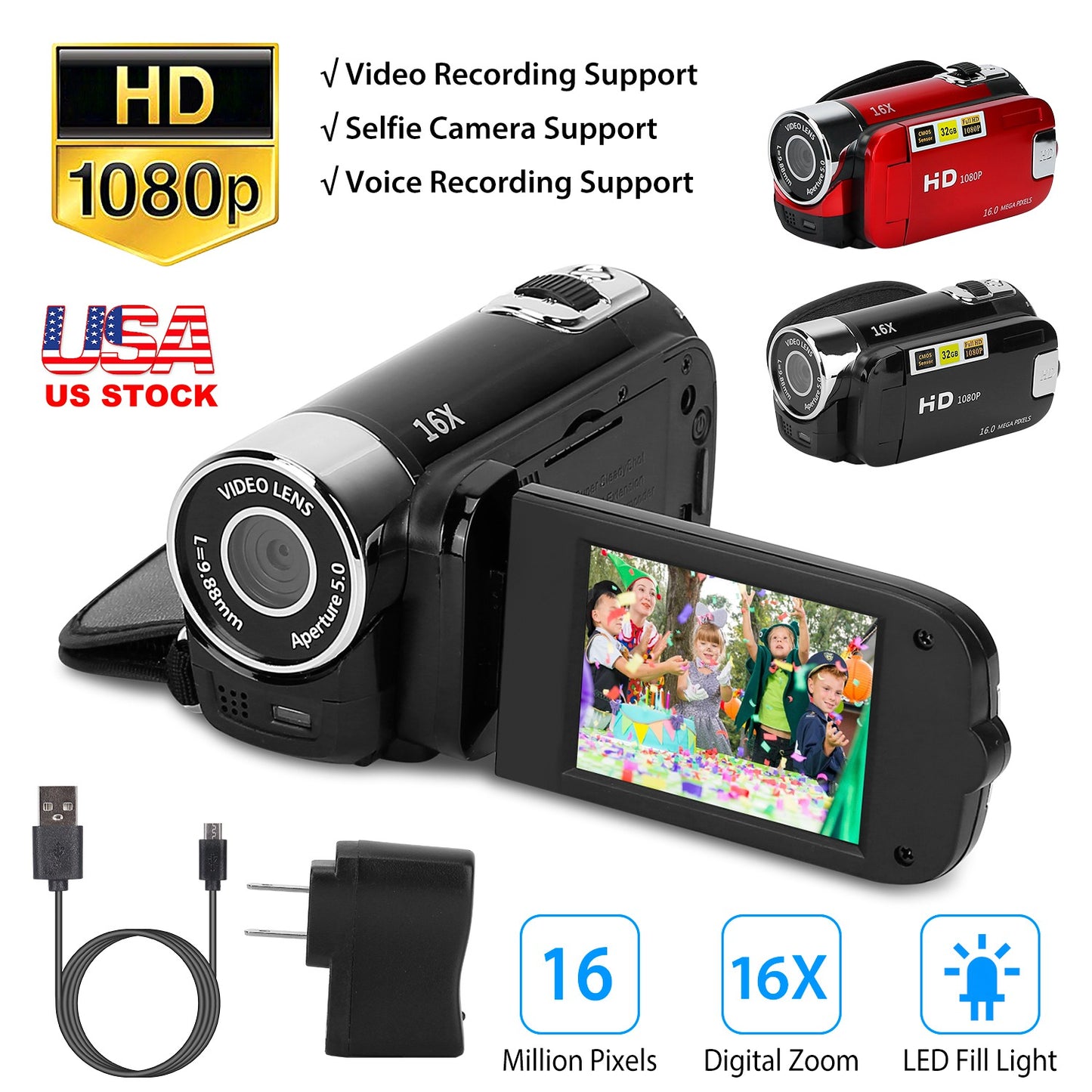 LJGelectro - HD 1080P Digital Video Camcorder 2.7in 16X Zoom DV Camera 270° Rotation Rechargeable Kid Camera w/Fill Light Selfie